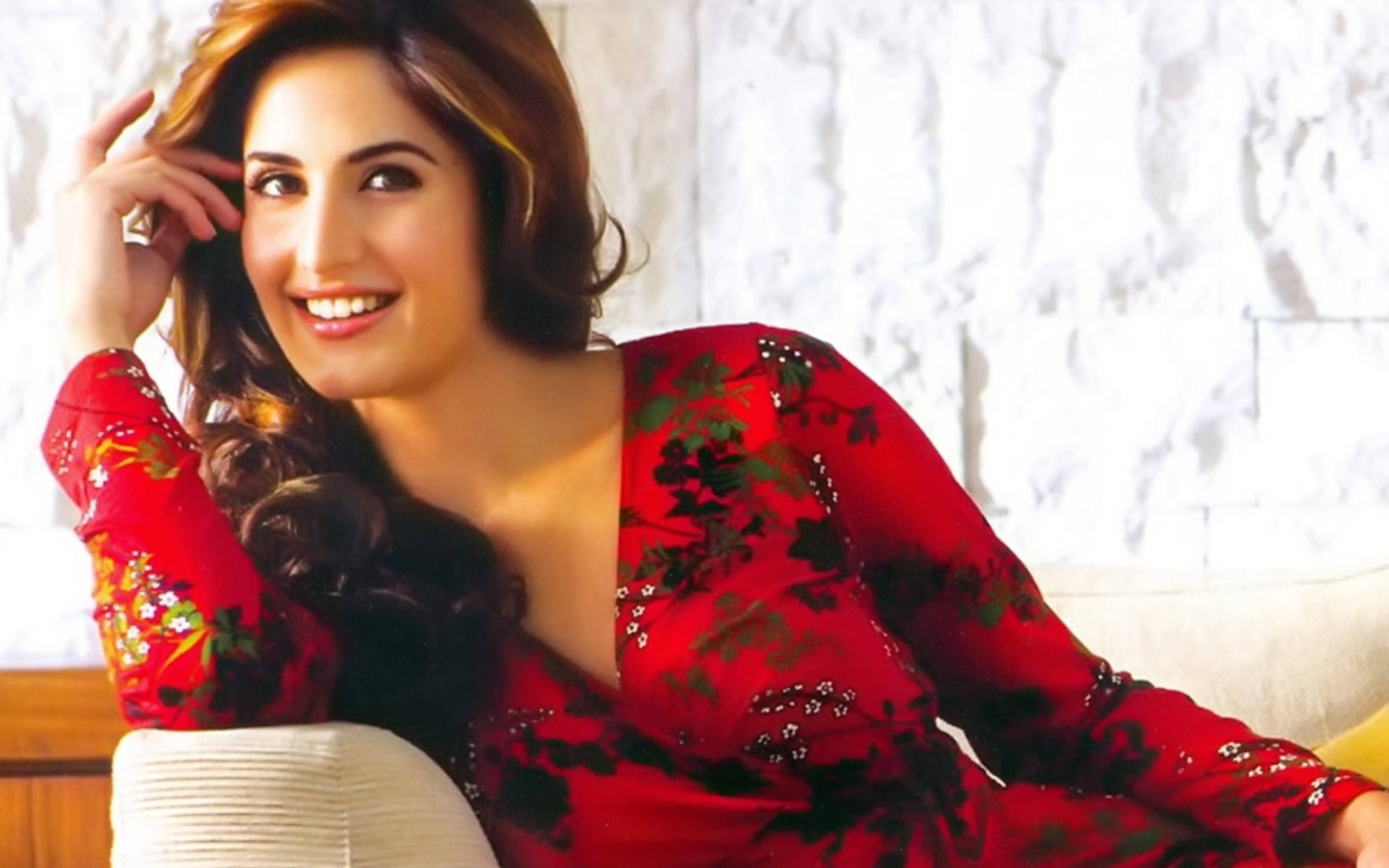 Katrina Kaif, red floral dress, white textured wall, Full HD Desktop Wallpaper