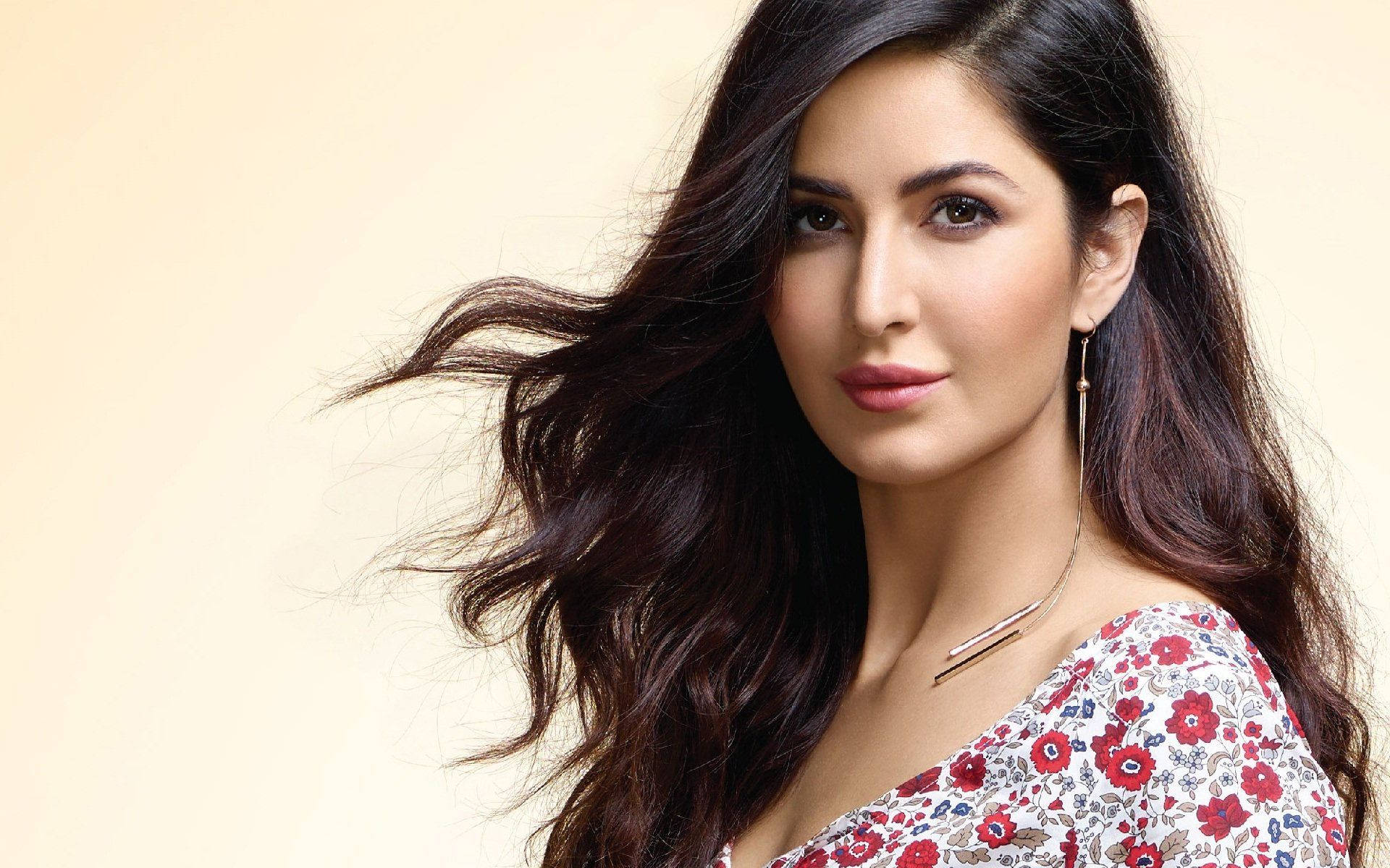 Katrina Kaif, flowing dark hair, floral top, Full HD Desktop Wallpaper