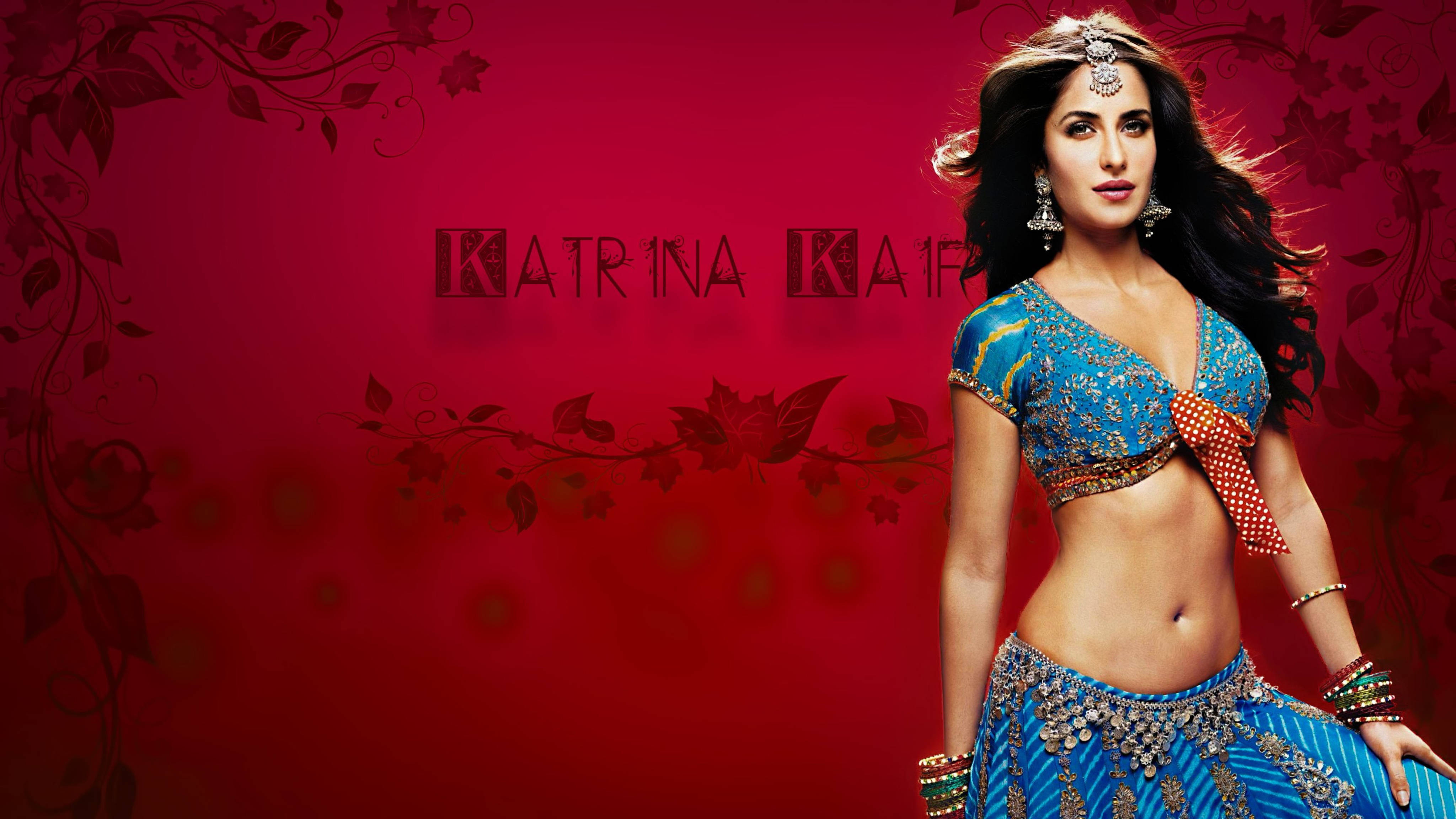 Katrina Kaif, blue embellished lehenga, rich red background, 4K Desktop Wallpaper
