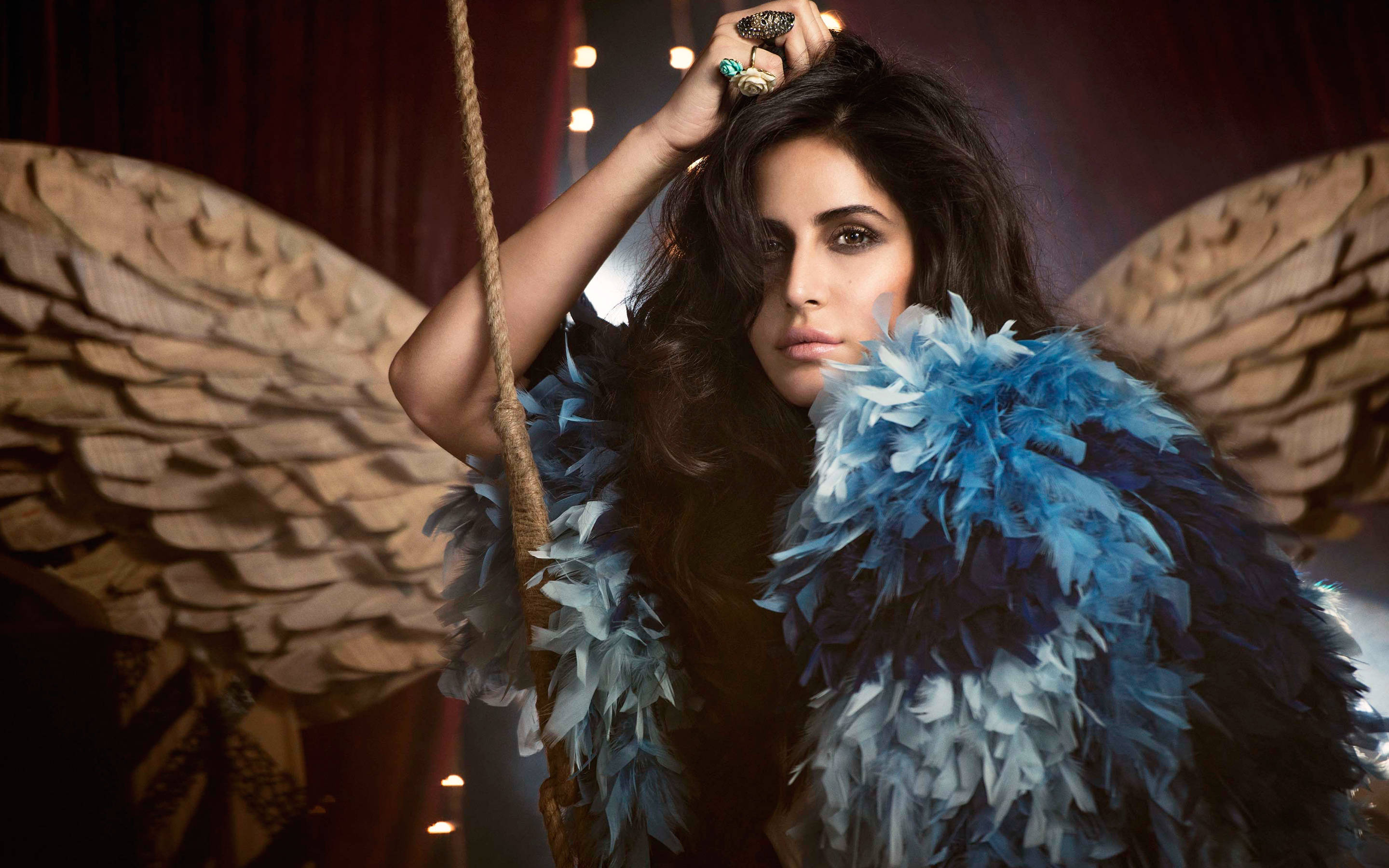 Katrina Kaif, blue feather bolero, feathered wings, 2K Desktop Wallpaper
