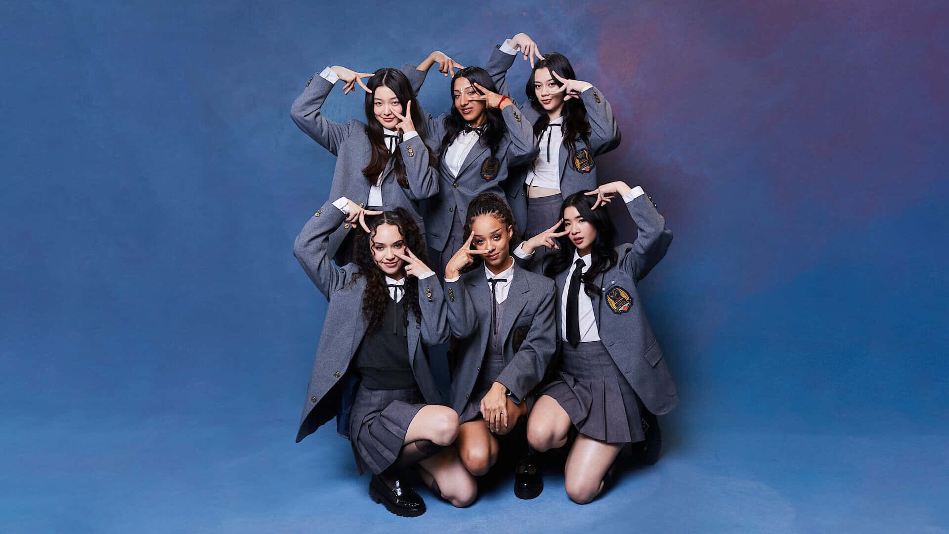 Katseye, gray school uniforms, gradient blue background, Full HD Desktop Wallpaper
