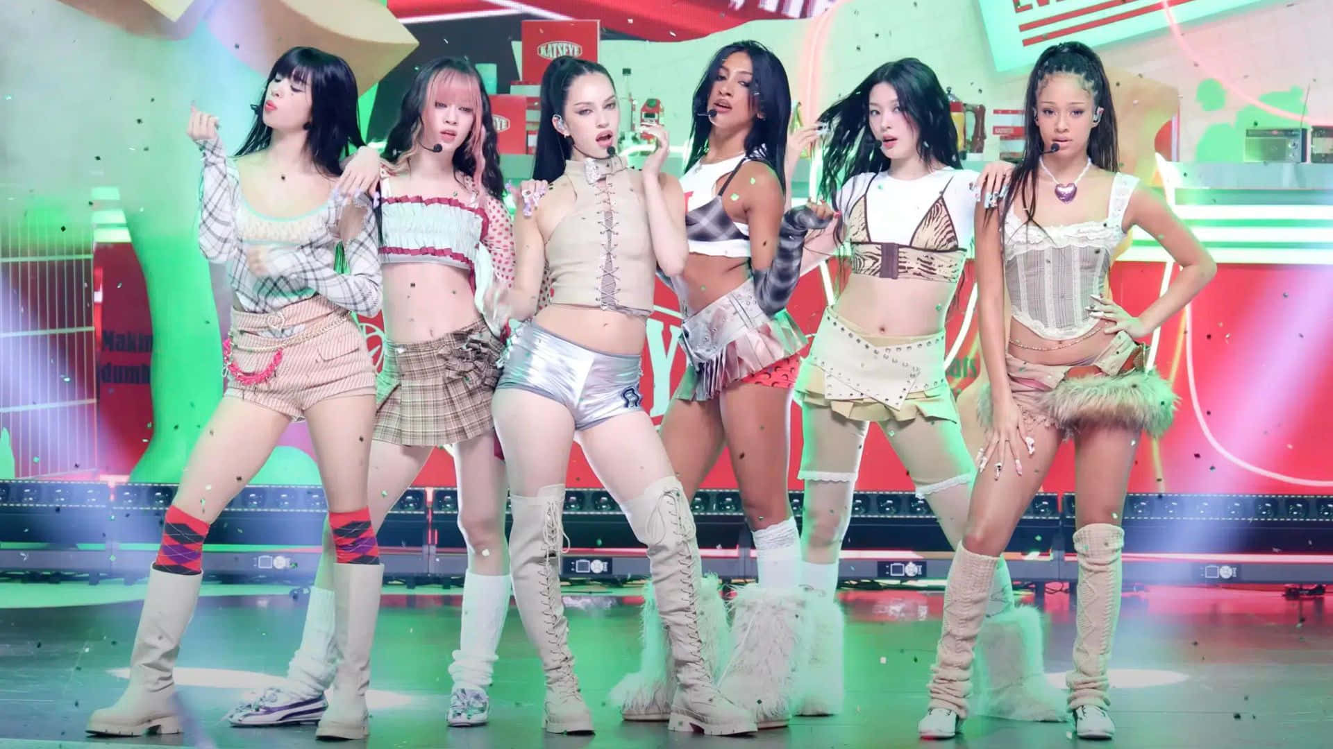 Katseye, dance performance group stage, pastel outfits, Full HD Desktop Wallpaper