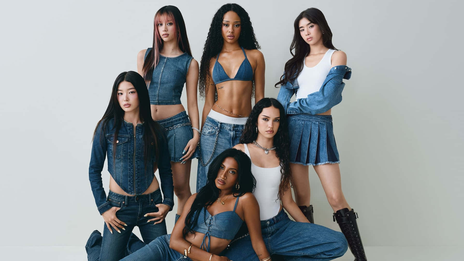 Katseye, denim outfits, white background, Full HD Desktop Wallpaper