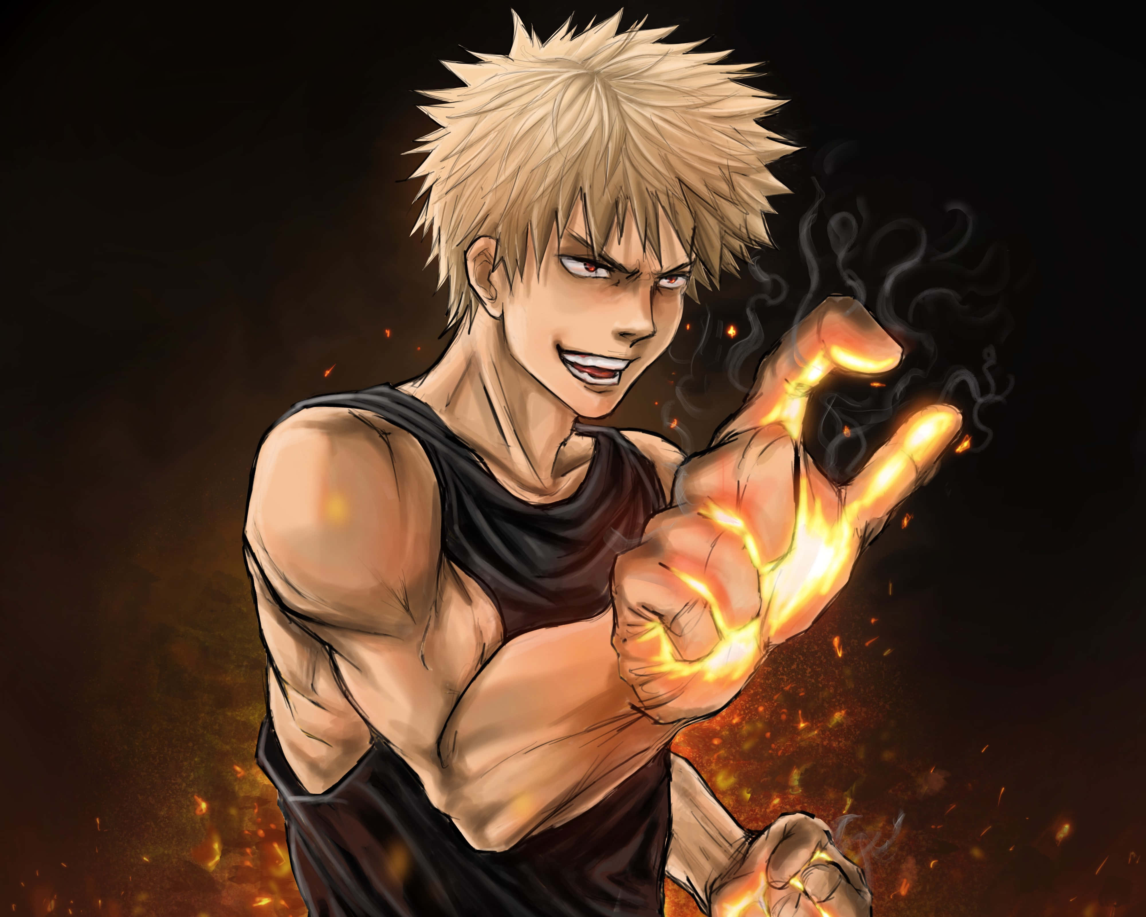 Katsuki Bakugo, spiky-haired anime fighter, black tank top, 4K Desktop Wallpaper