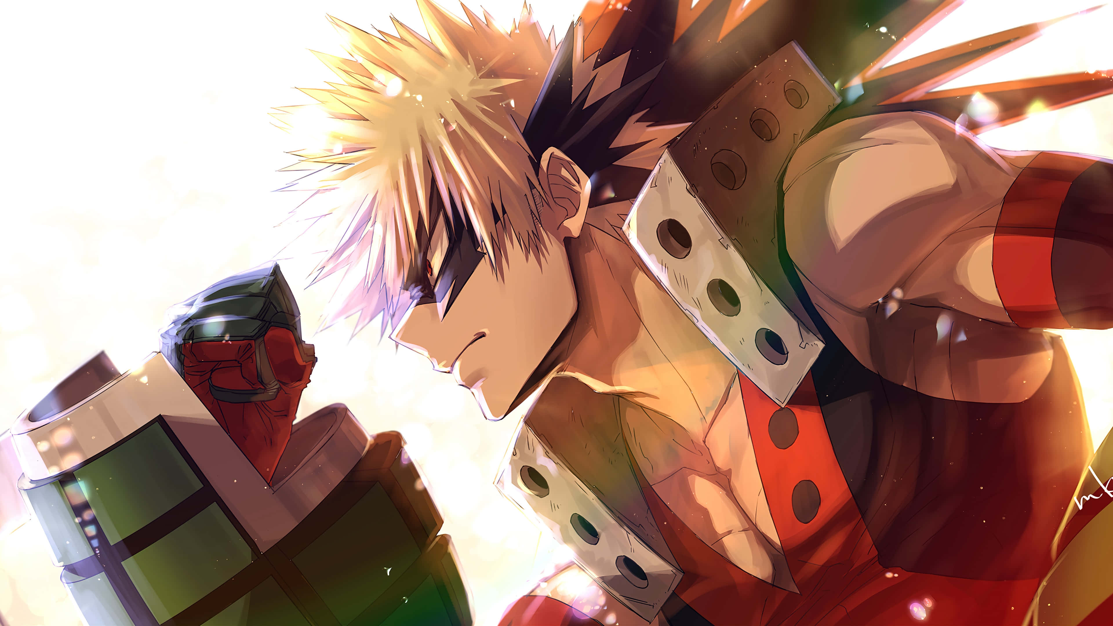 Katsuki Bakugo, spiky blonde hair, red suit, 4K Desktop Wallpaper