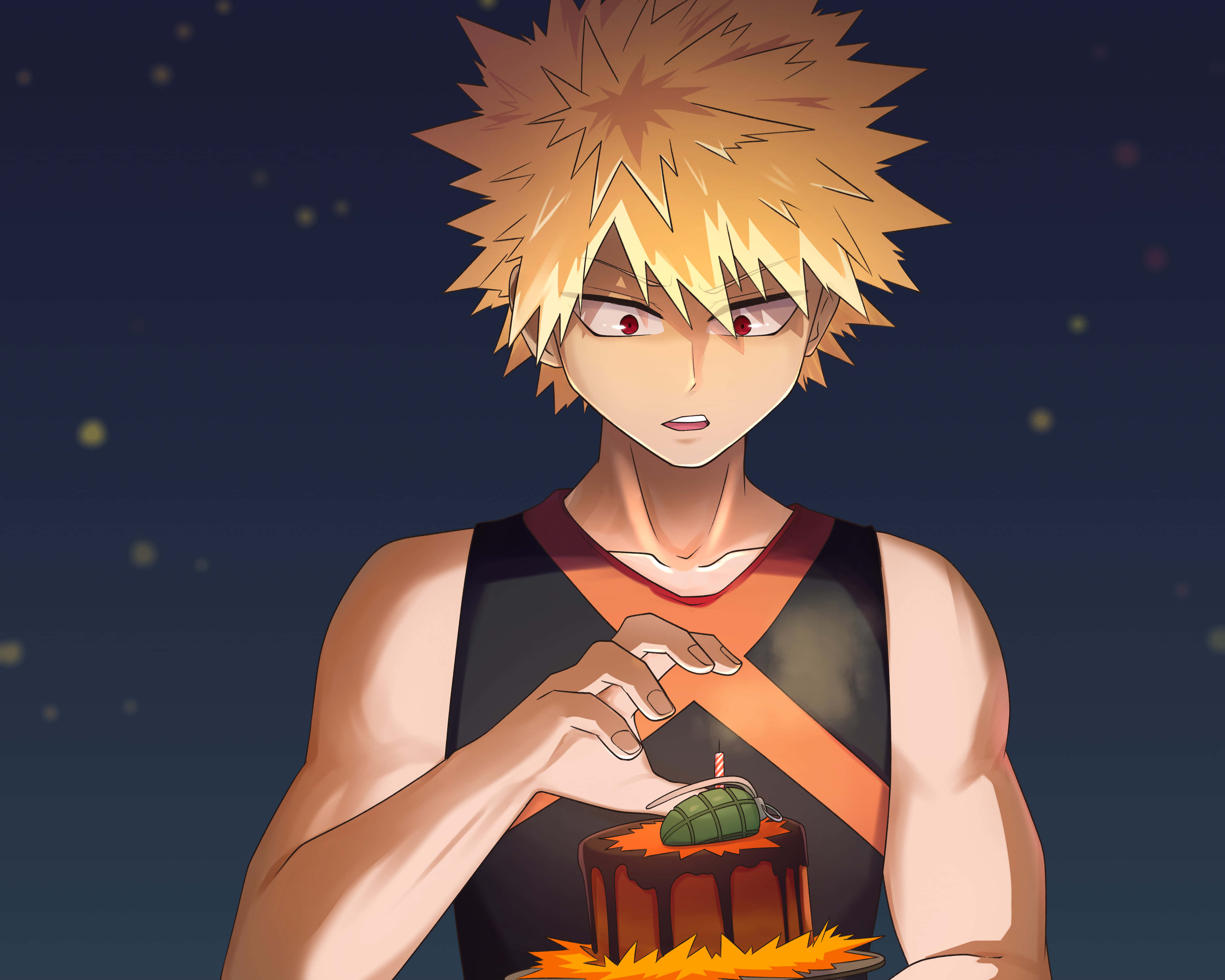 Katsuki Bakugo, spiky blonde hair, cake with a grenade candle, 4K Desktop Wallpaper