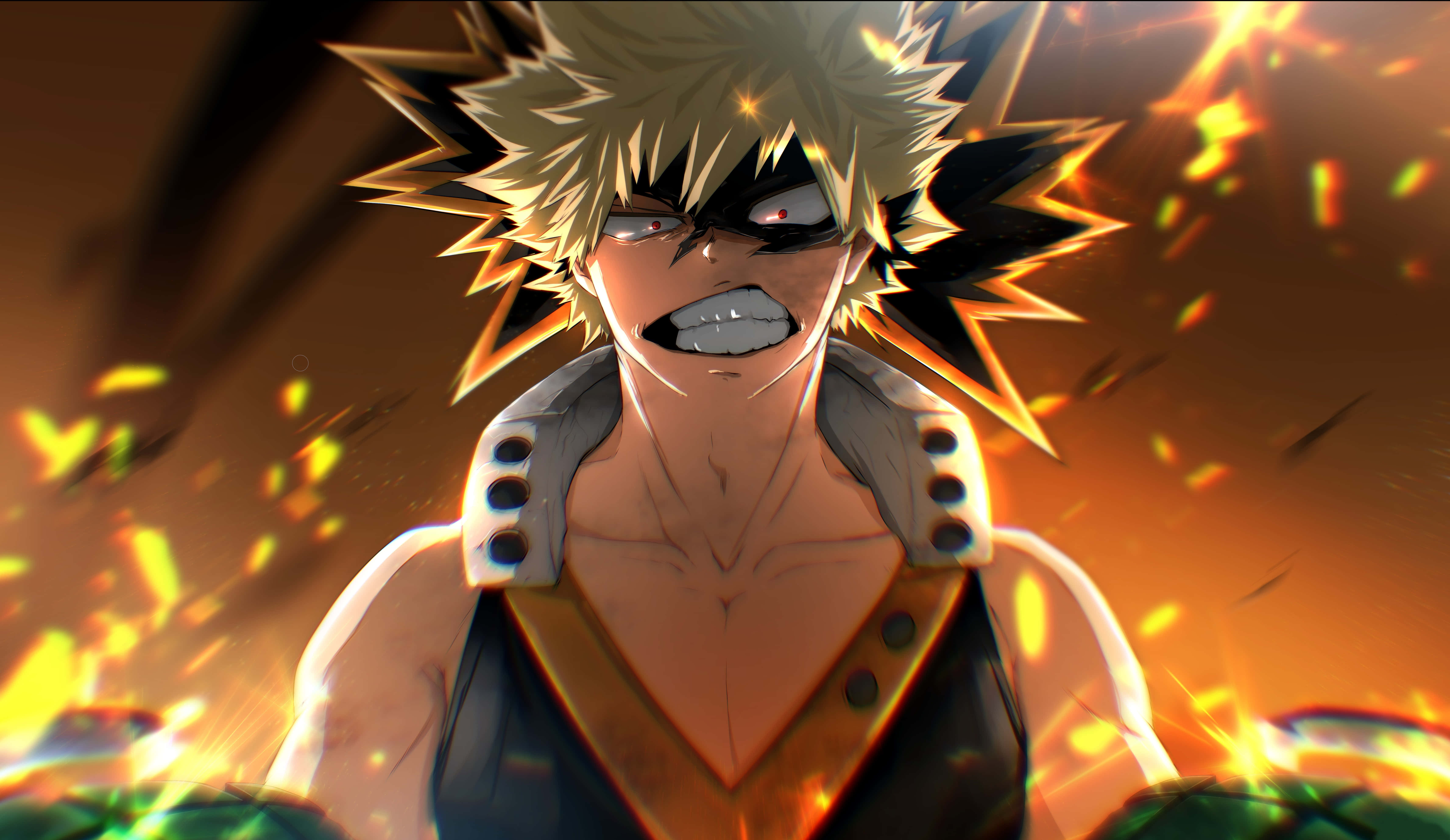 Katsuki Bakugo, fierce battle stance, spiky blonde hair, 5K Desktop Wallpaper