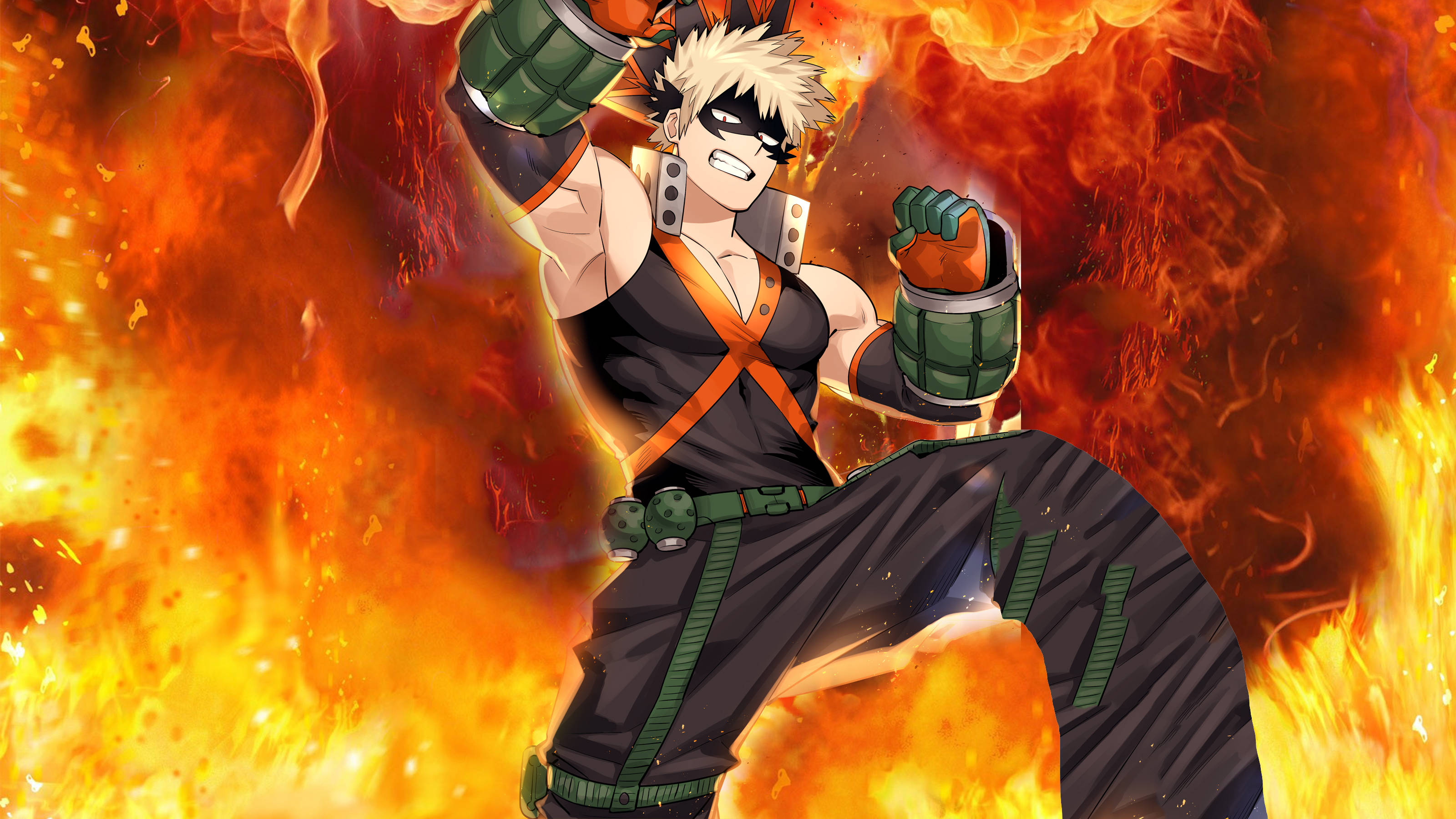 Katsuki Bakugo, spiky blonde hair, green gauntlets, 2K Desktop Wallpaper