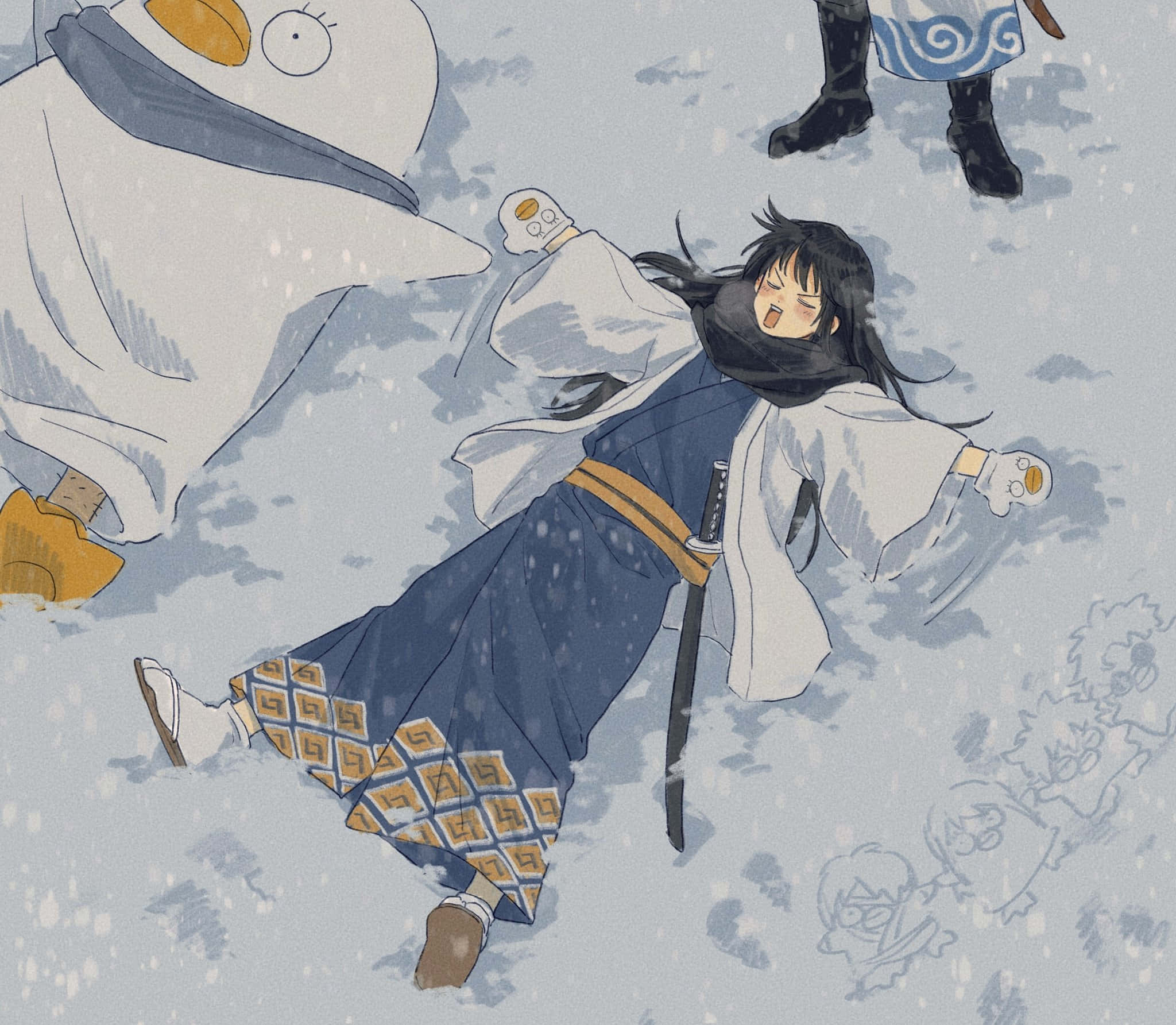 Katsura Kotaro, snowy fall, blue and white robes, Full HD Desktop Wallpaper