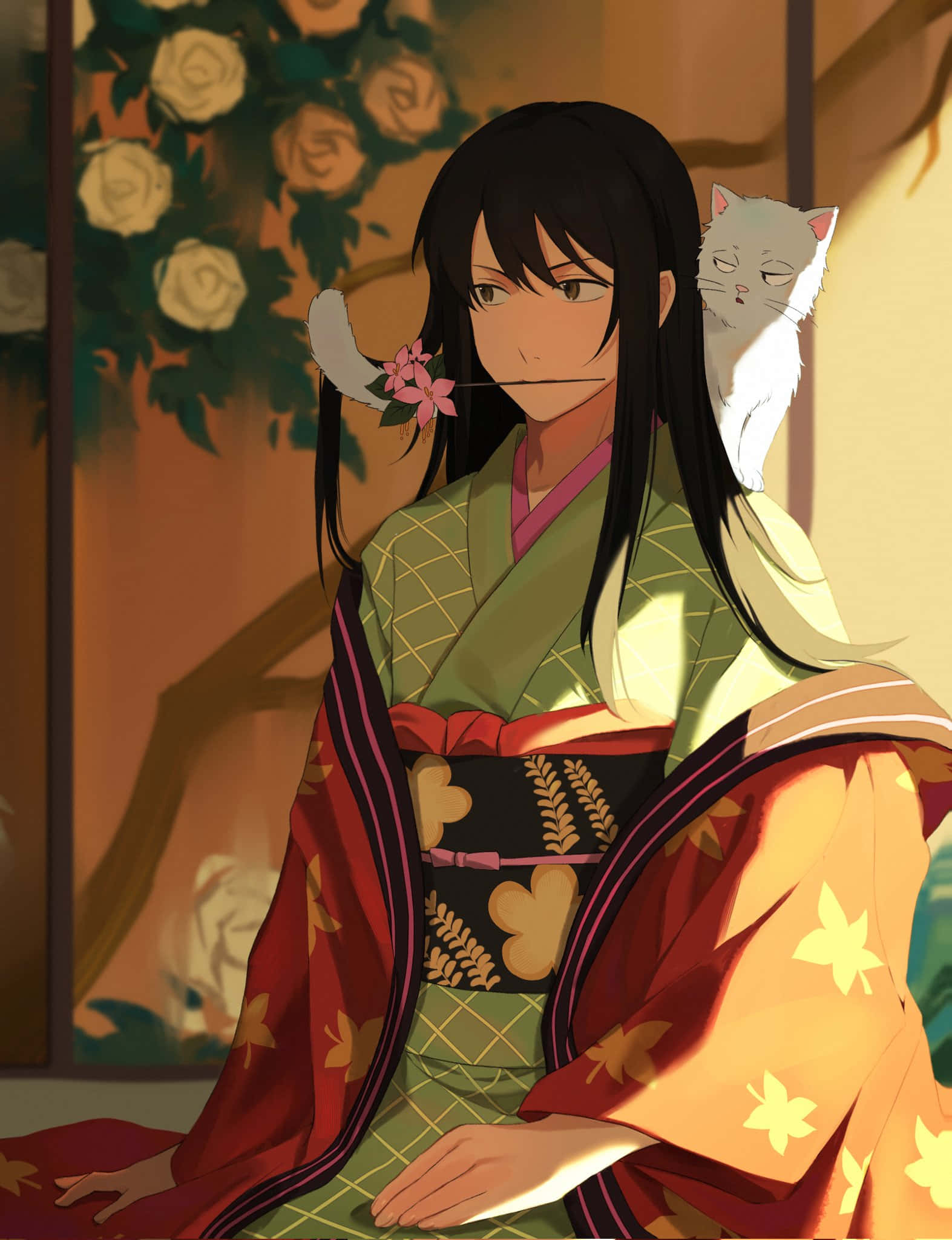 Katsura Kotaro, green and red kimono, maple leaf patterns, Full HD Phone Wallpaper