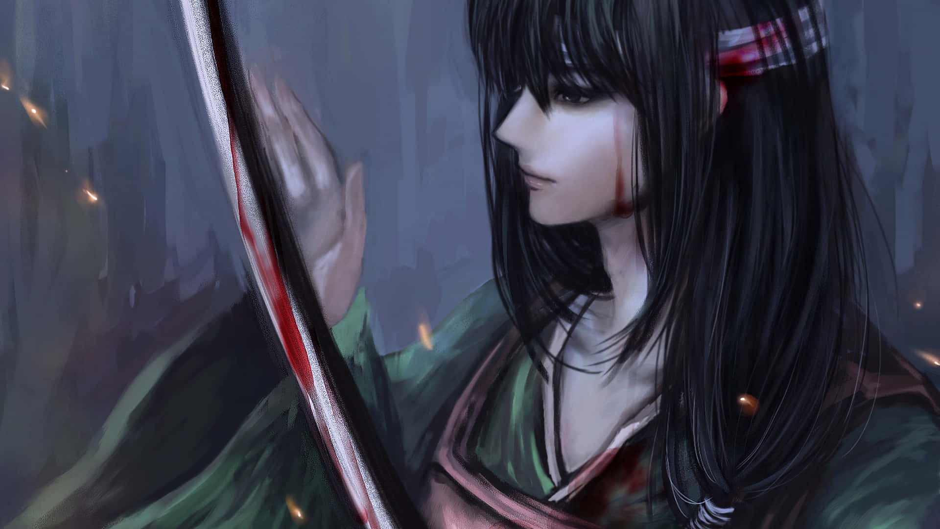 Katsura Kotaro, green traditional attire, bloodied sword, Full HD Desktop Wallpaper
