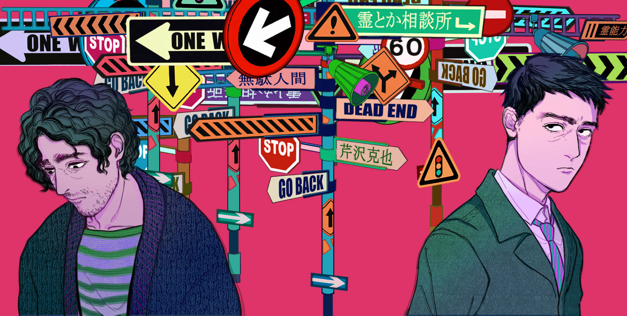 Katsuya Serizawa, vibrant pink background, colorful traffic signs, Full HD Desktop Wallpaper