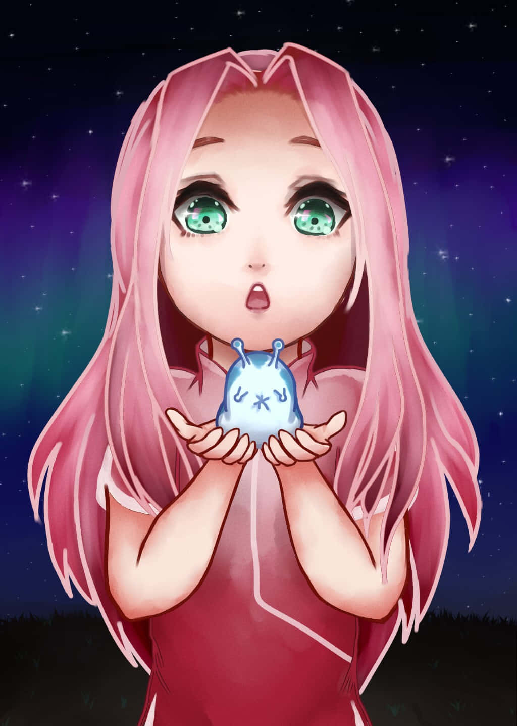 Katsuyu, pink-haired anime girl, glowing green eyes, HD Phone Wallpaper