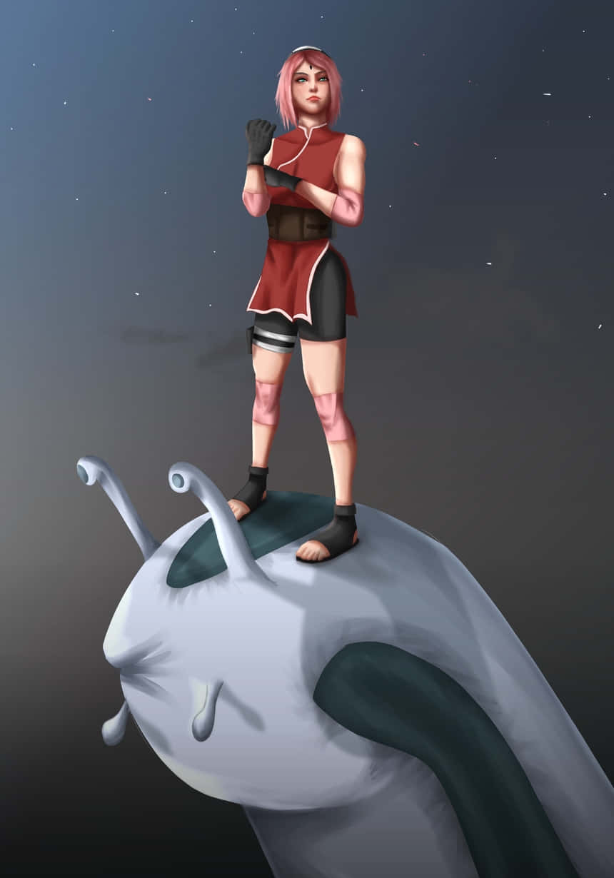 Katsuyu, pink-haired anime girl, red and black ninja gear, SD Phone Wallpaper