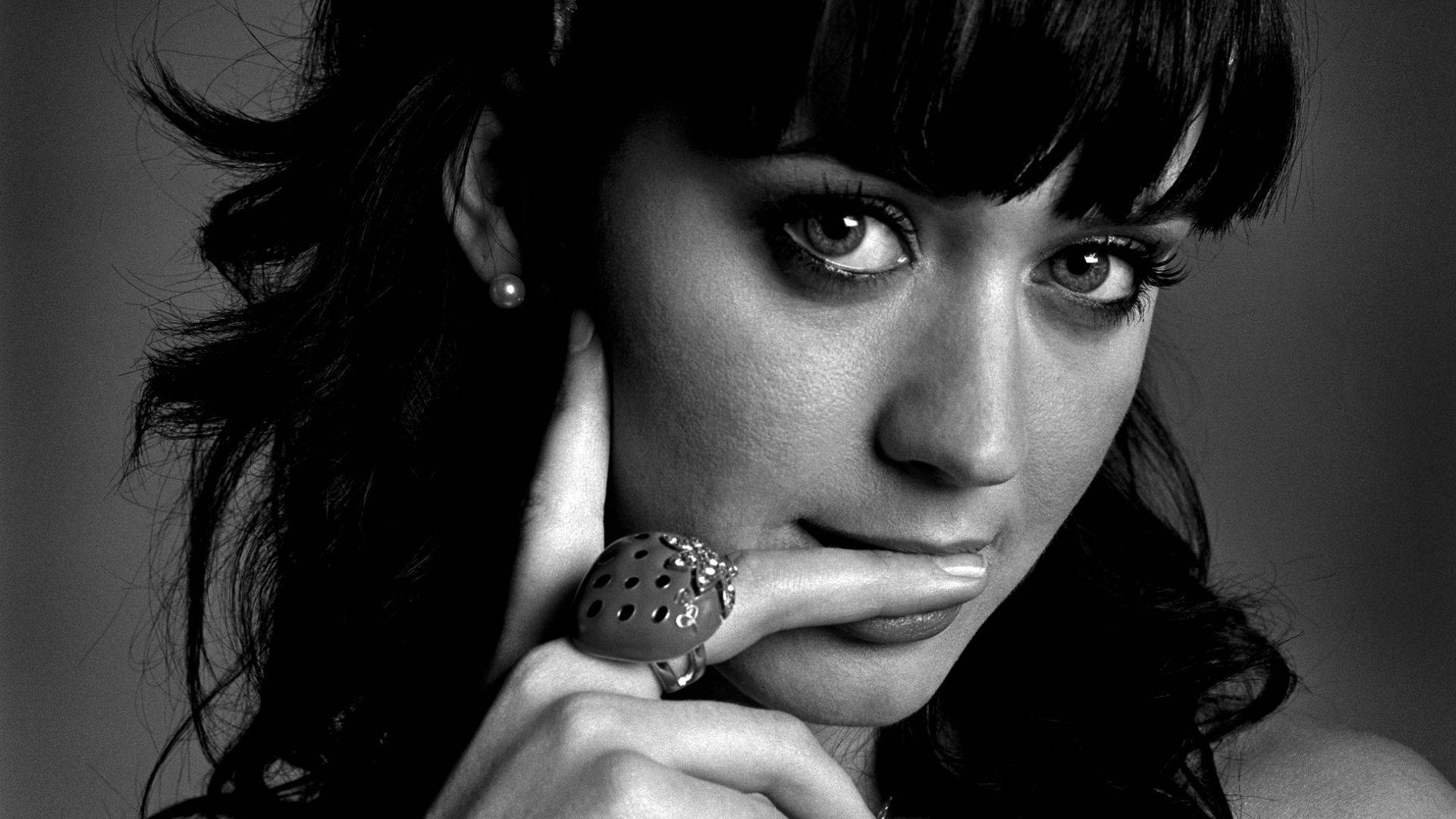 Katy Perry, black and white portrait, dark hair, Full HD Desktop Wallpaper