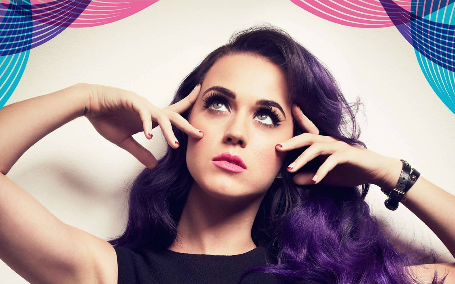 Katy Perry, vibrant purple hair, hands framing her face, Full HD Desktop Wallpaper