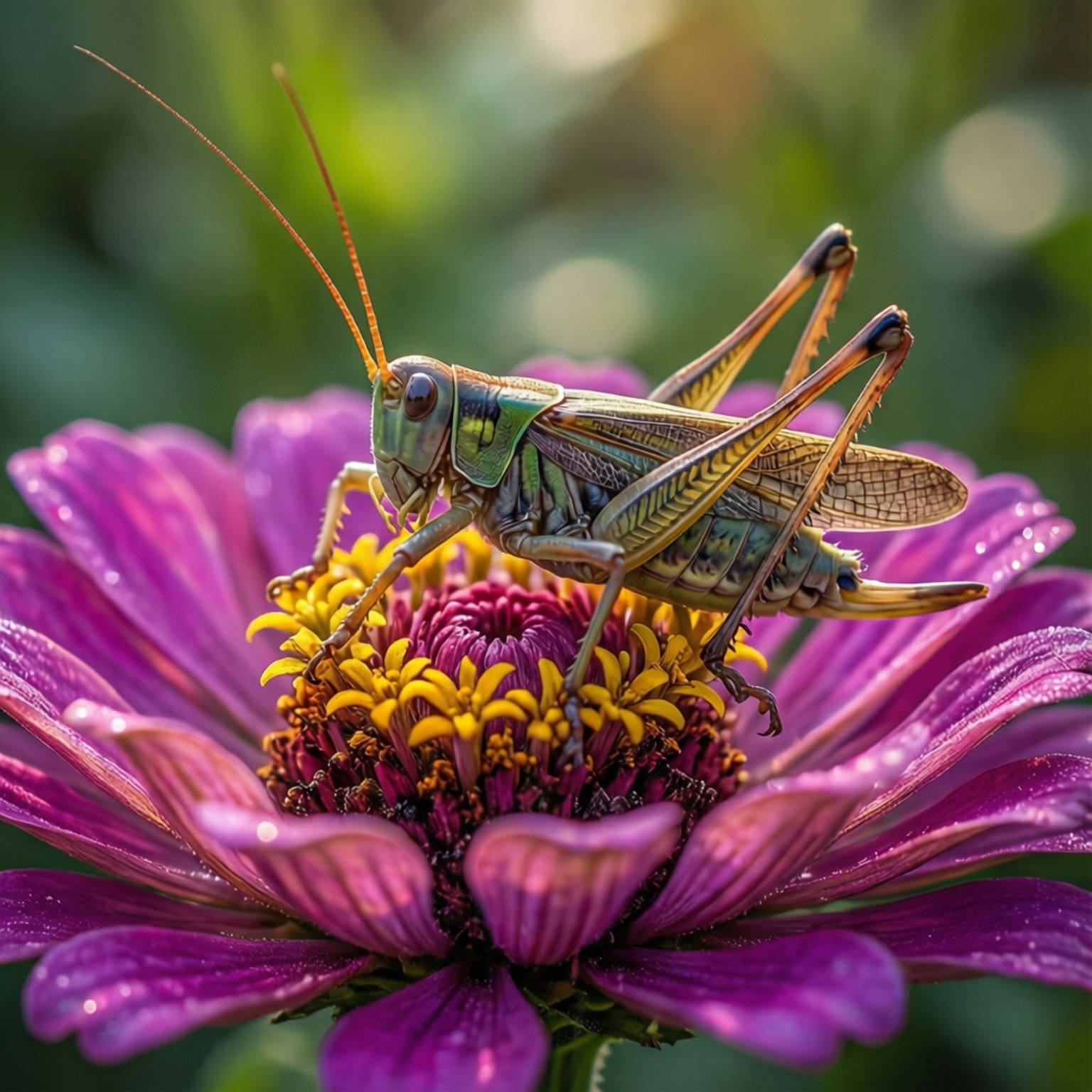 katydid, bright purple flower, HD Desktop Wallpaper