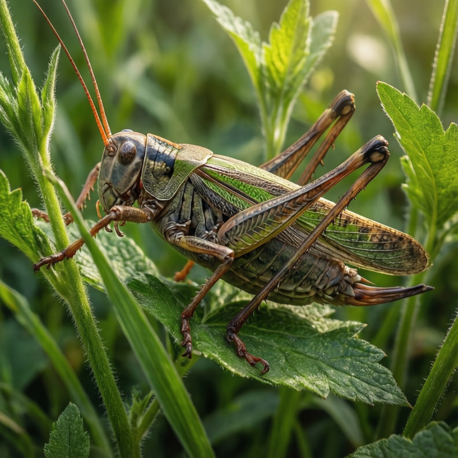 katydid, green leaves, camouflaged, HD Desktop Wallpaper