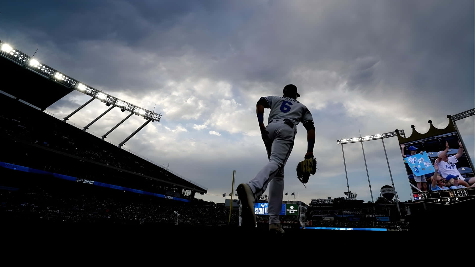 Kauffman Stadium, evening game, gray uniform, Full HD Desktop Wallpaper