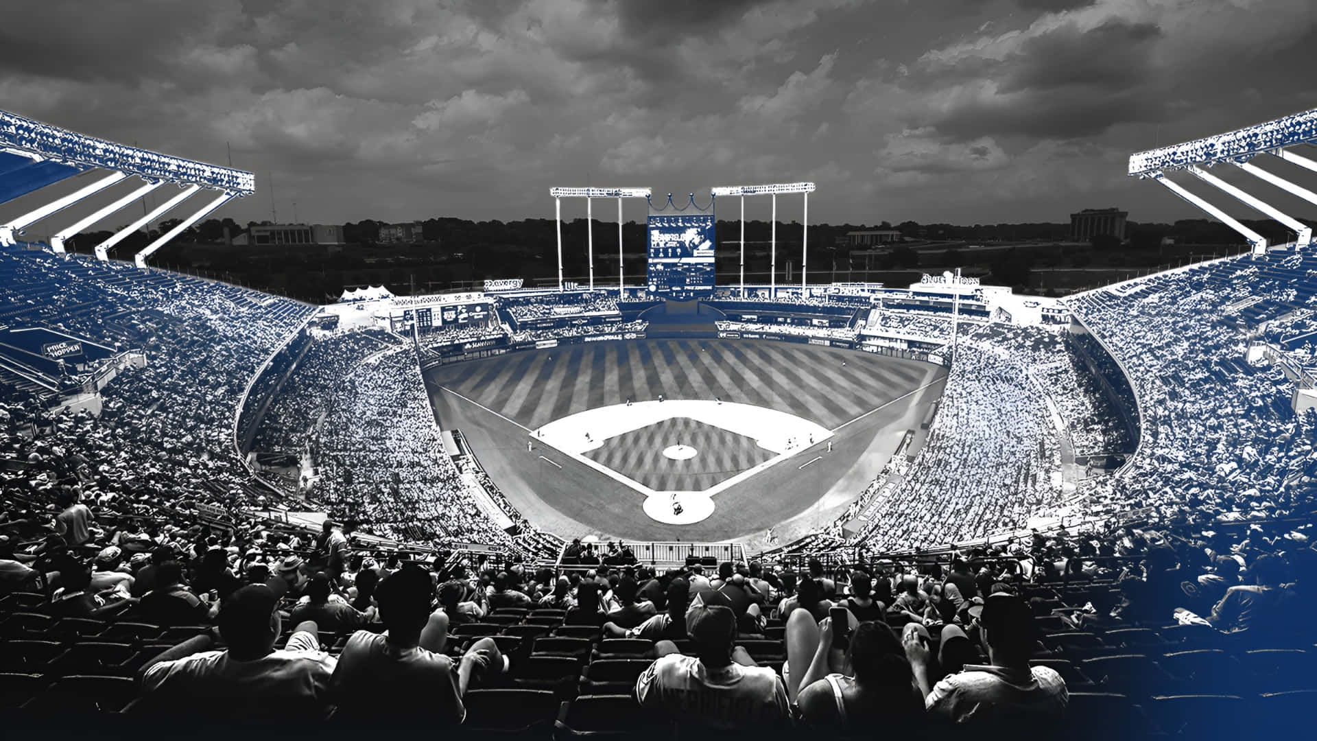 Kauffman Stadium, black and white, stormy sky, Full HD Desktop Wallpaper