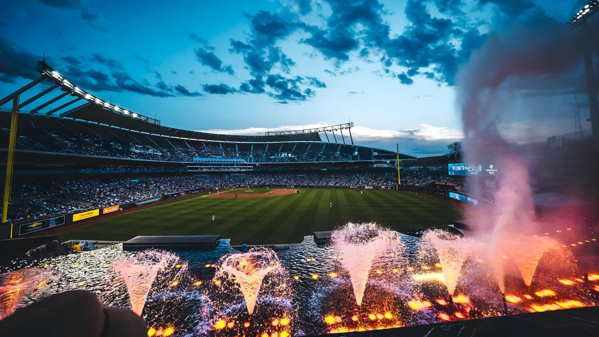 Kauffman Stadium, fireworks show, dusk, Full HD Desktop Wallpaper