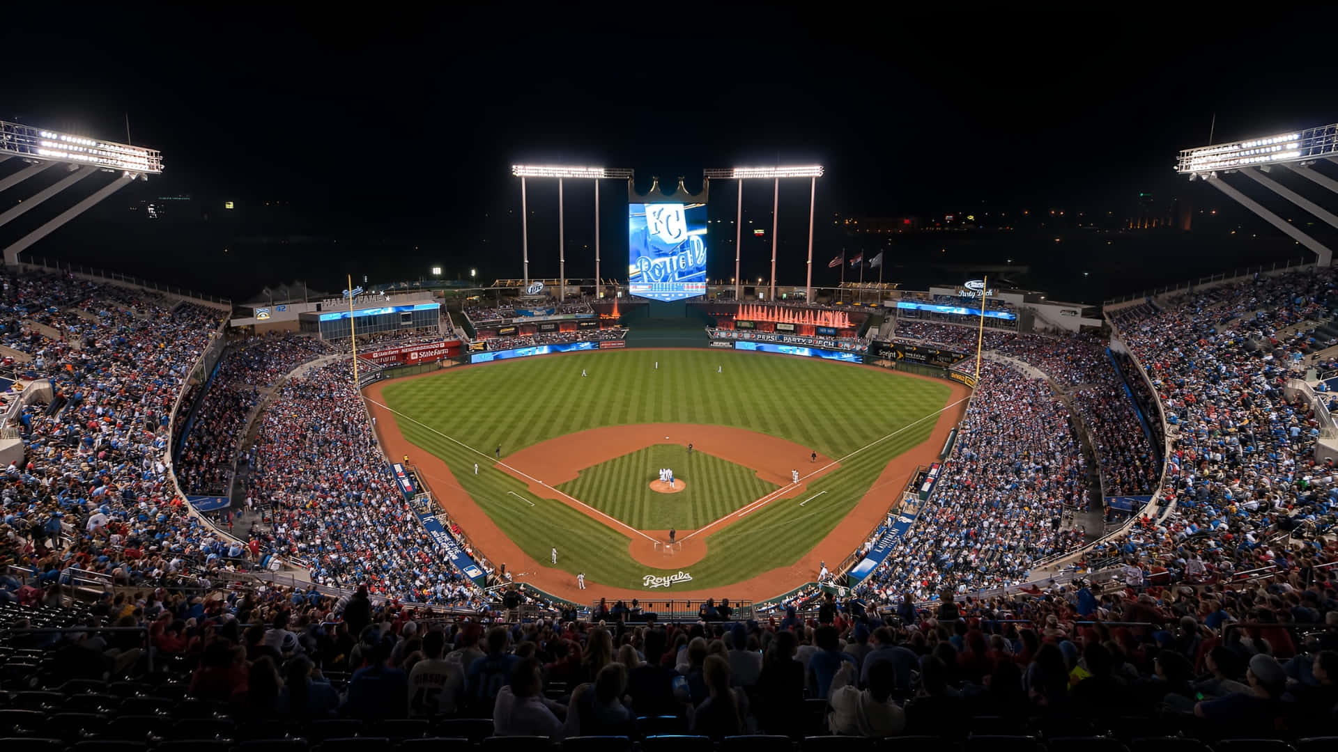 Kauffman Stadium, night game, brightly lit, Full HD Desktop Wallpaper