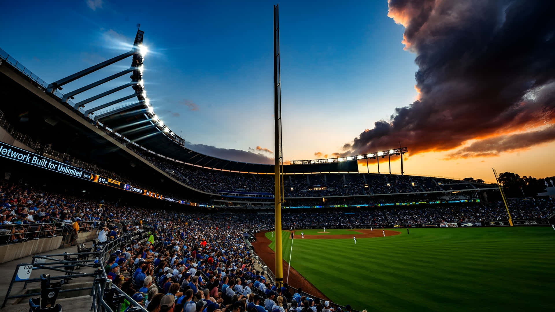Kauffman Stadium, sunset, stadium lights, Full HD Desktop Wallpaper