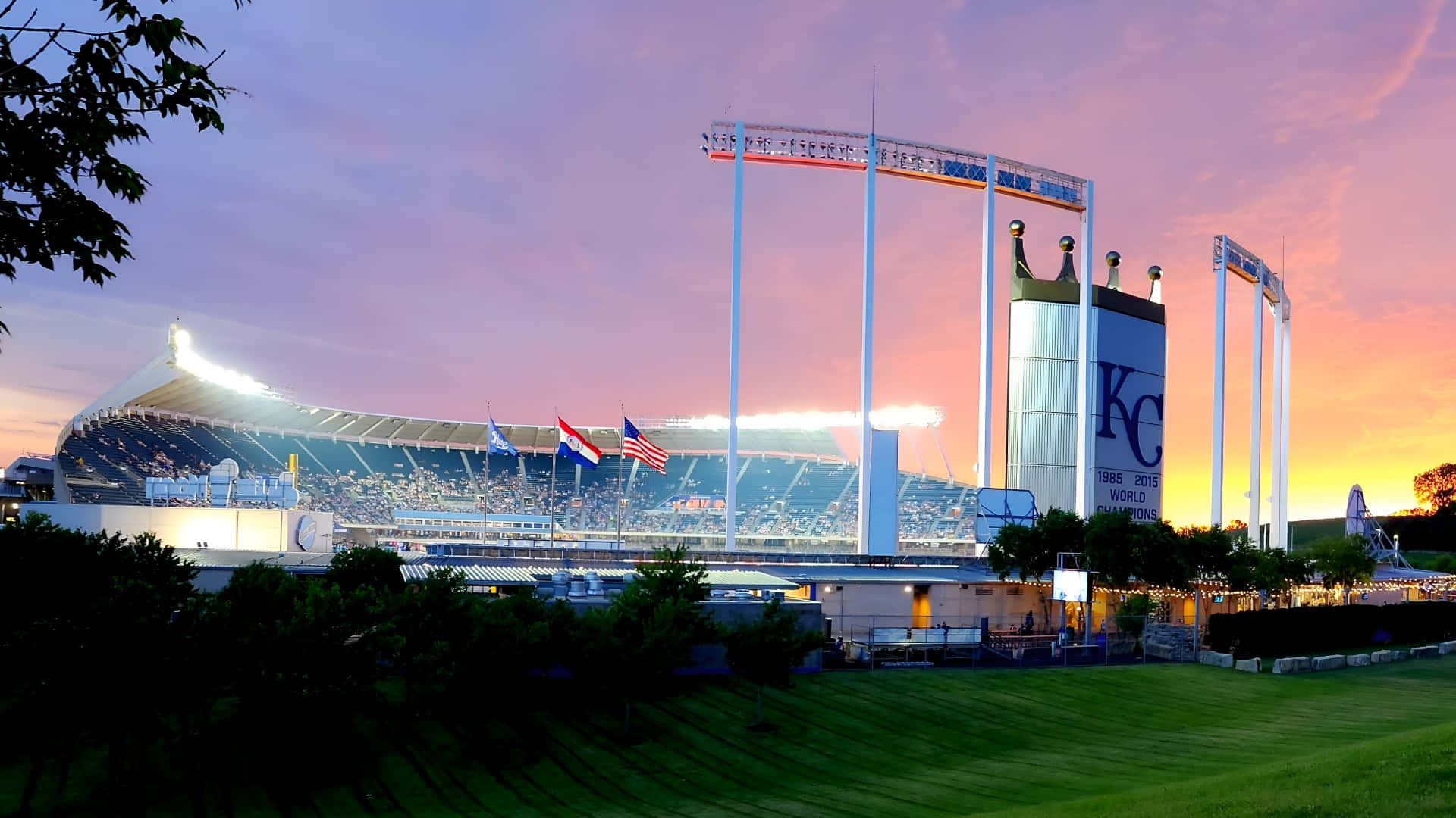 Kauffman Stadium, sunset view, glowing lights, Full HD Desktop Wallpaper