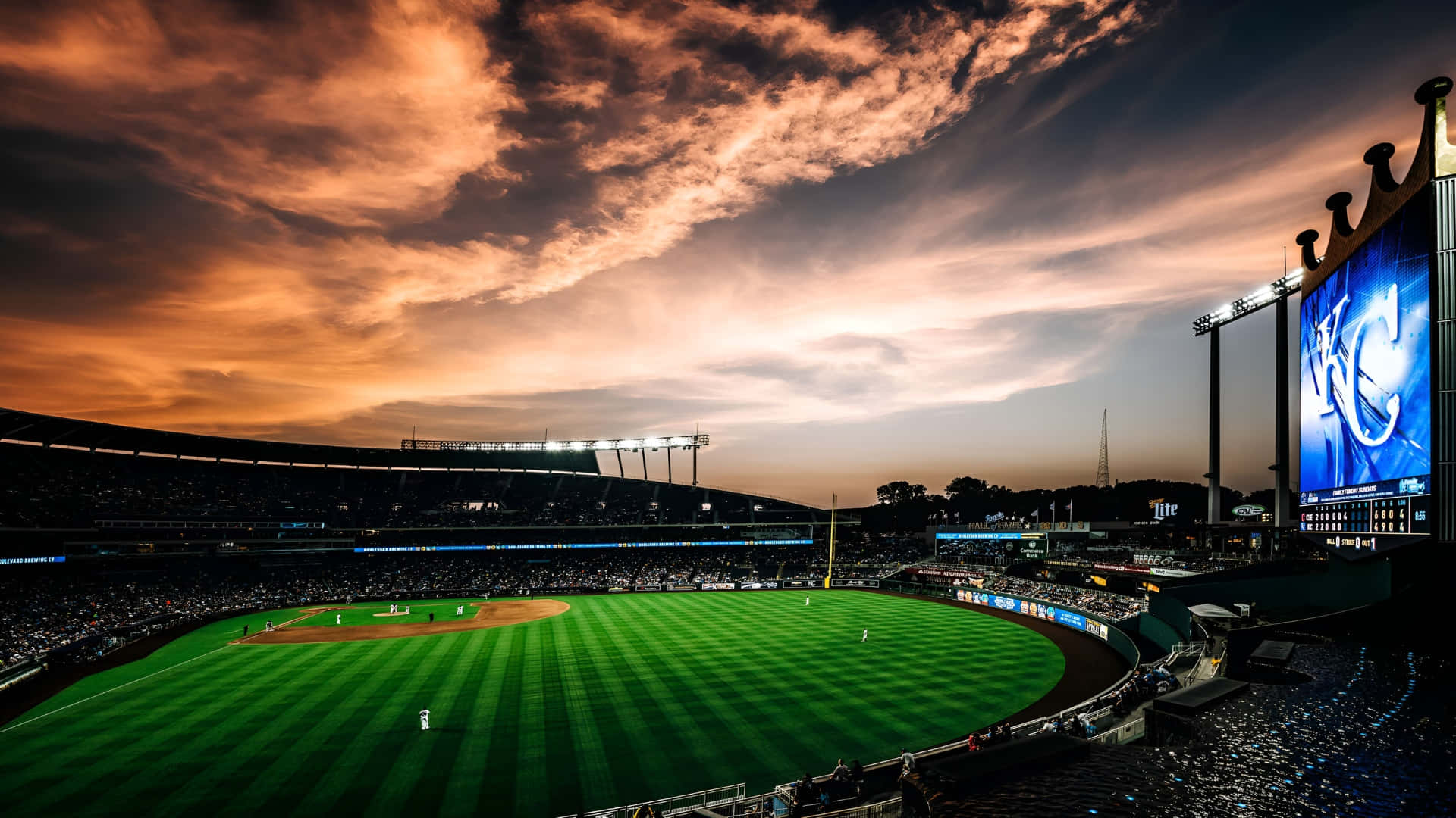 Kauffman Stadium, sunset, vibrant orange clouds, Full HD Desktop Wallpaper