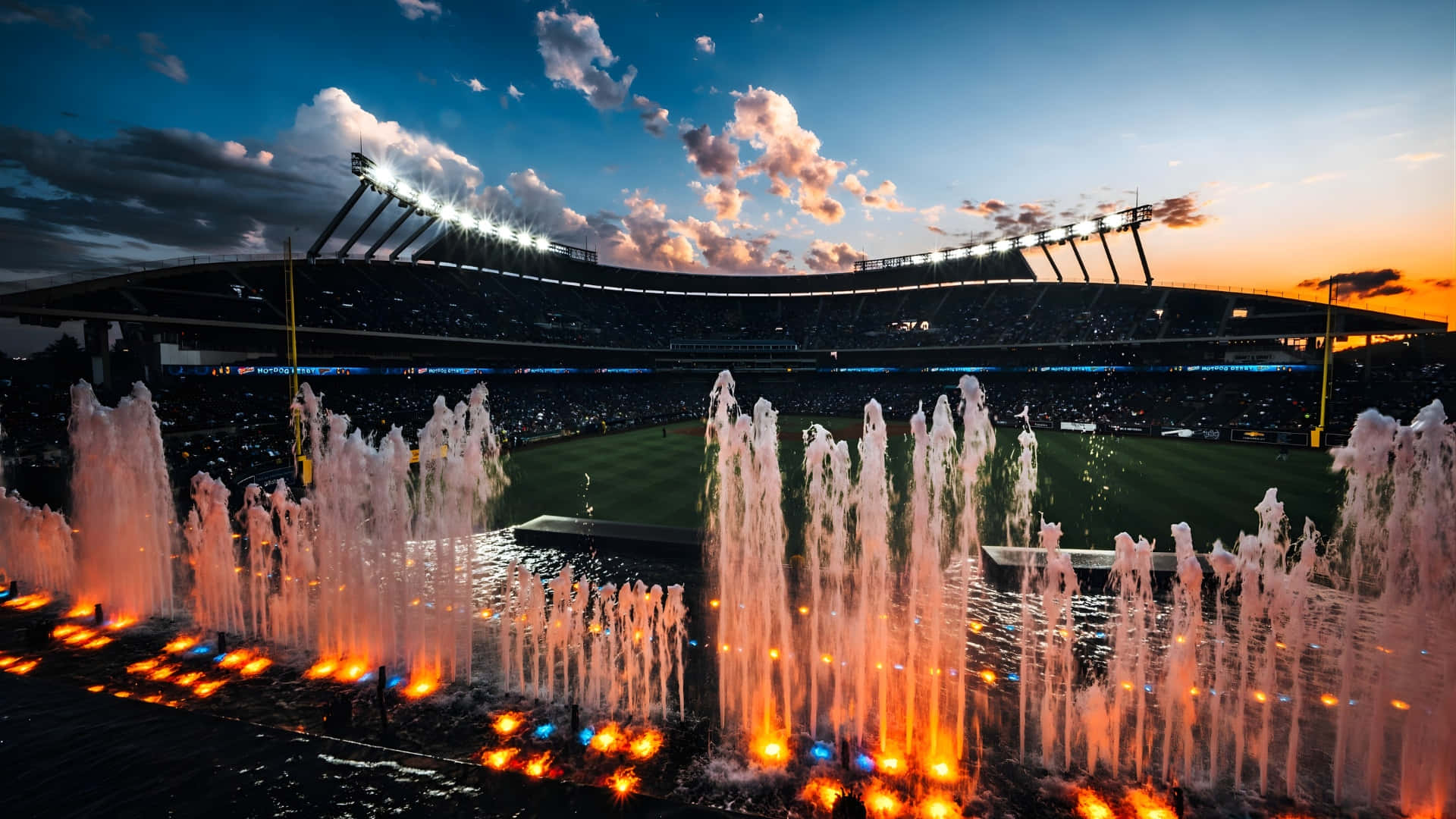 Kauffman Stadium, dusk, vibrant orange fountains, Full HD Desktop Wallpaper