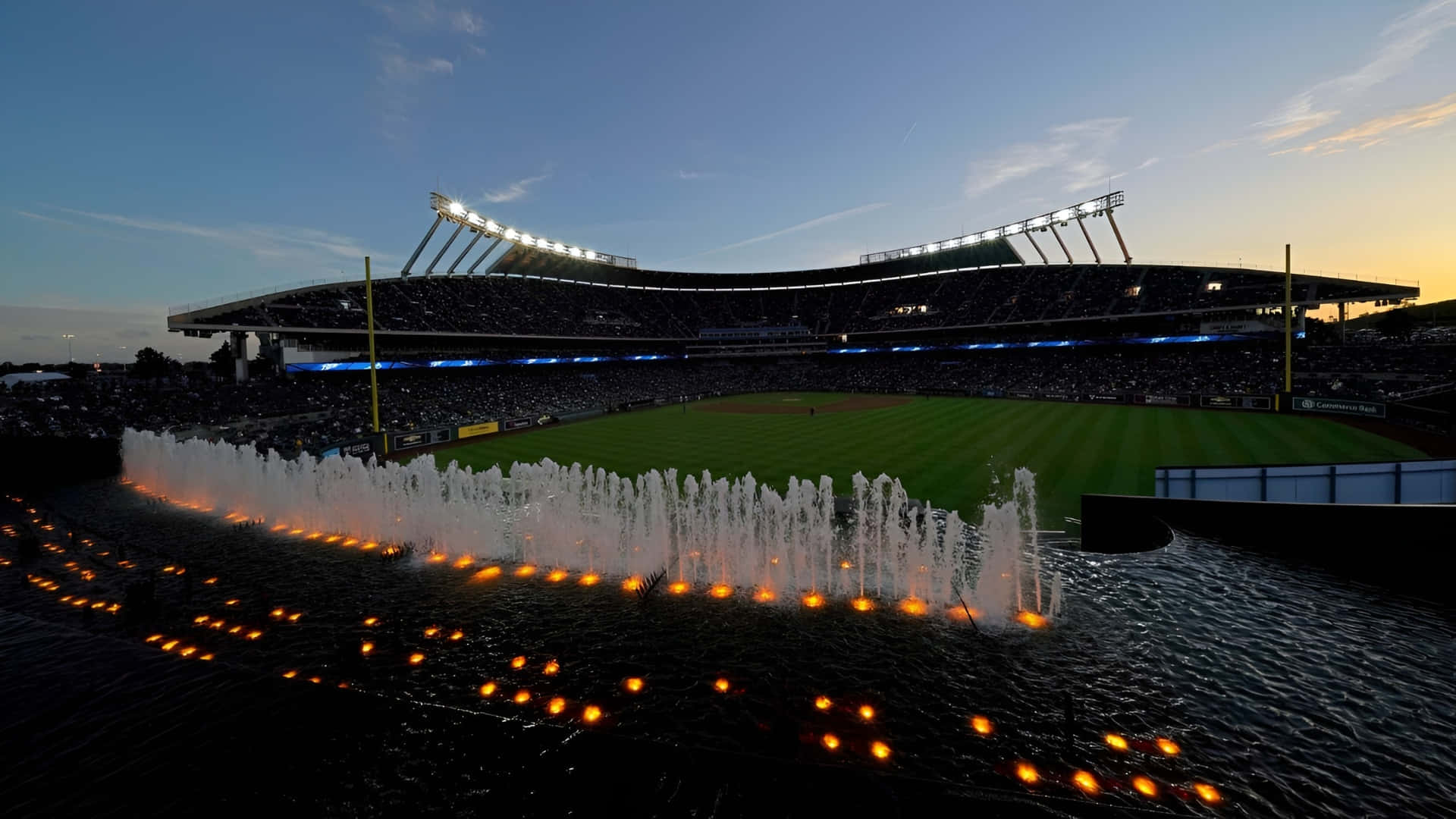Kauffman Stadium, night view, illuminated fountains, Full HD Desktop Wallpaper
