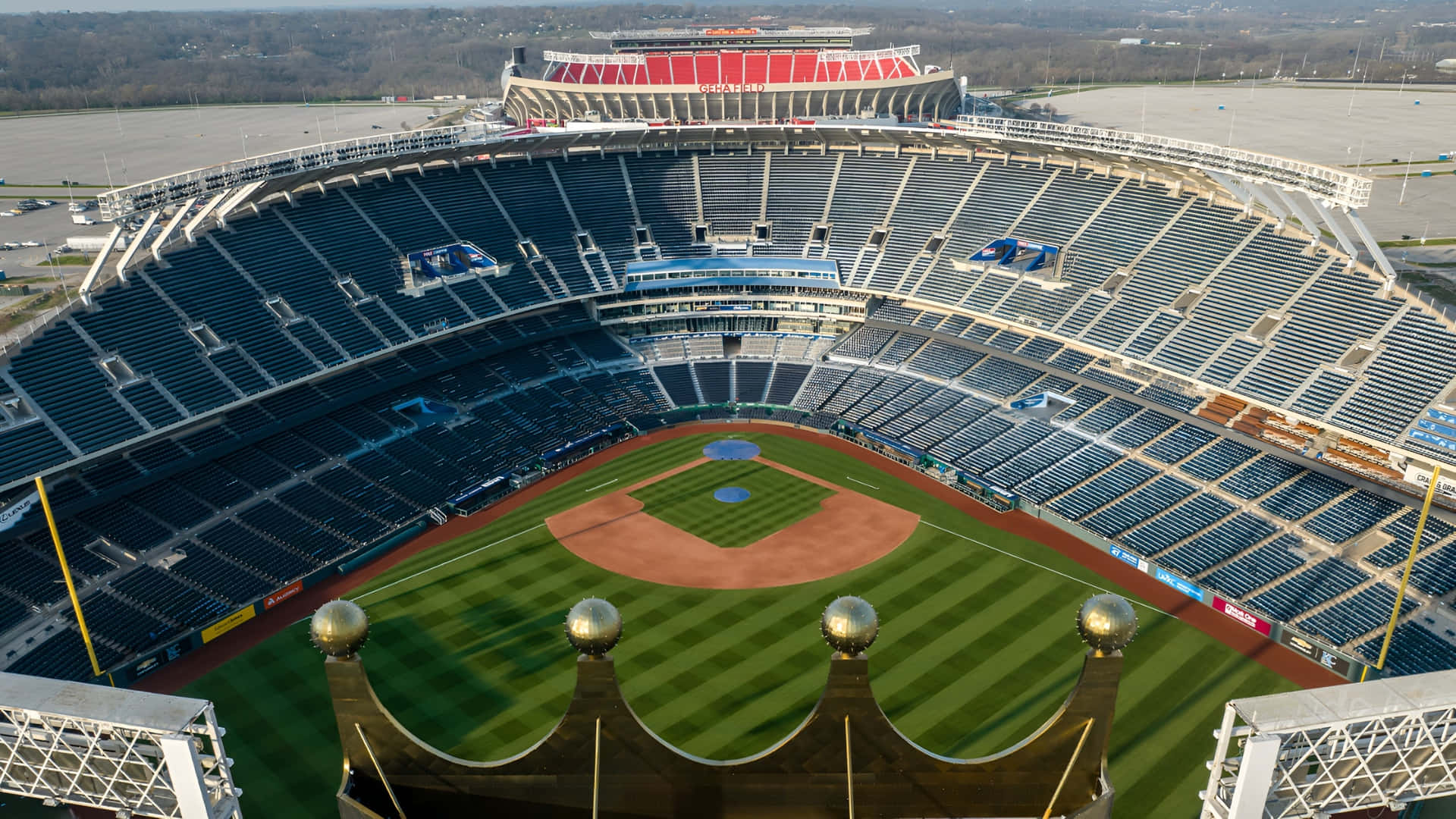 Kauffman Stadium, aerial view, blue seats, Full HD Desktop Wallpaper