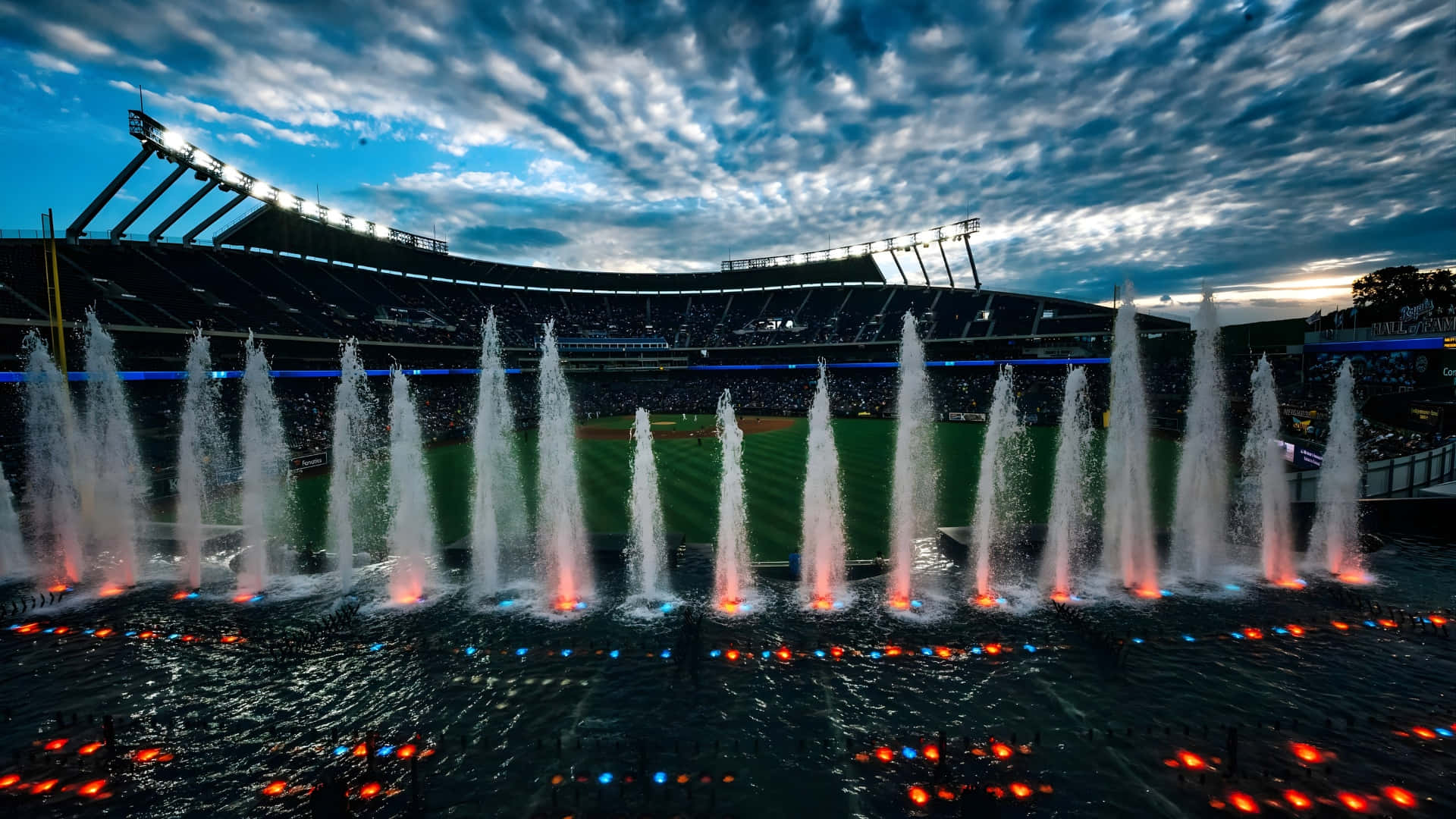 Kauffman Stadium, fountain show, dusk, Full HD Desktop Wallpaper