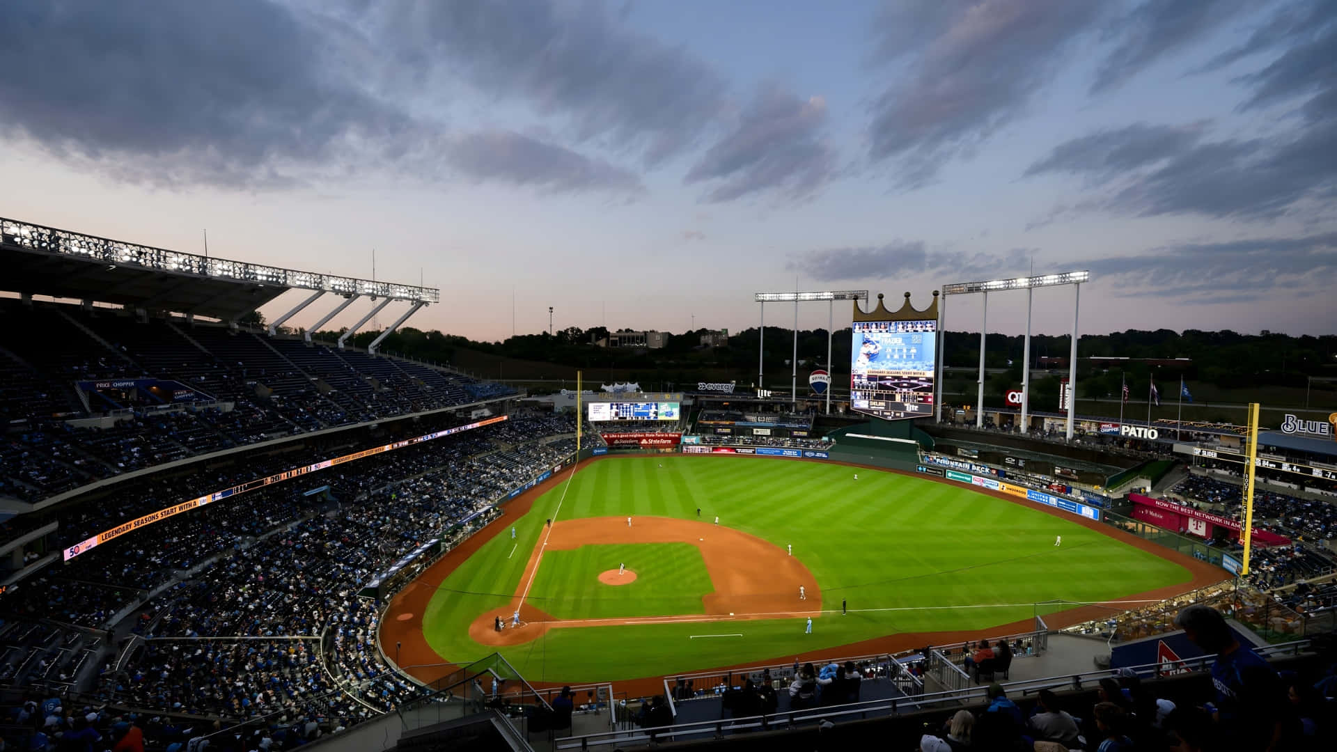 Kauffman Stadium, night view, vibrant green field, Full HD Desktop Wallpaper