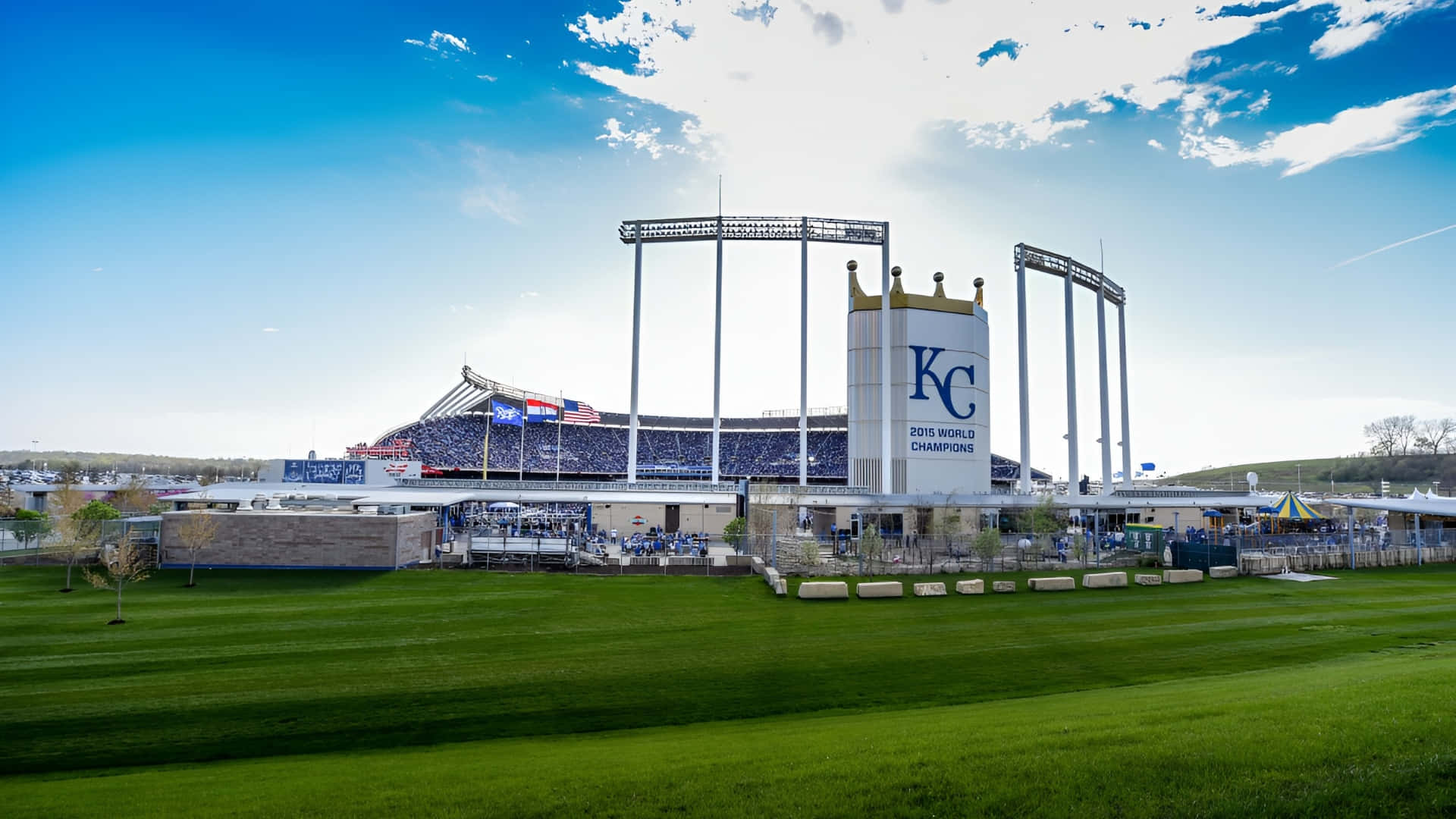 Kauffman Stadium, bright blue sky, fluffy clouds, Full HD Desktop Wallpaper