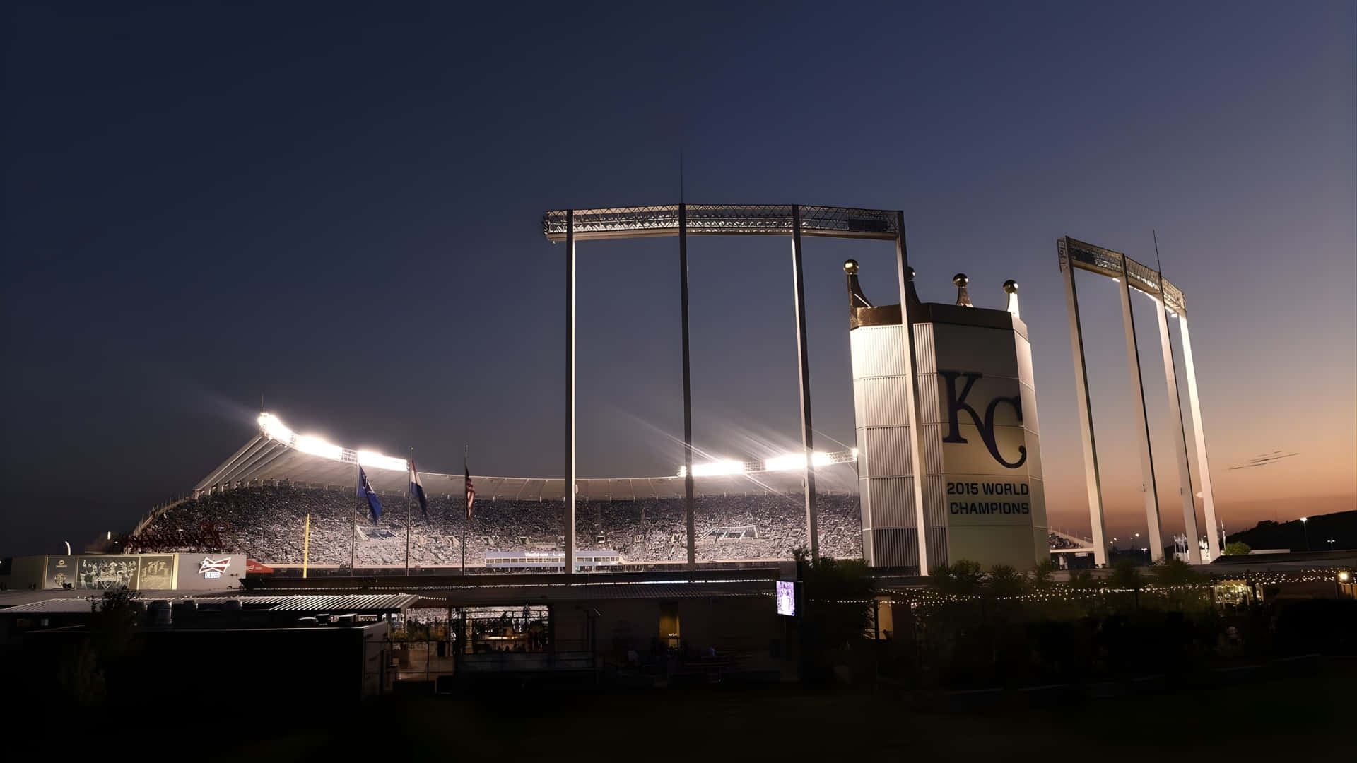 Kauffman Stadium, dusk, bright lights, Full HD Desktop Wallpaper