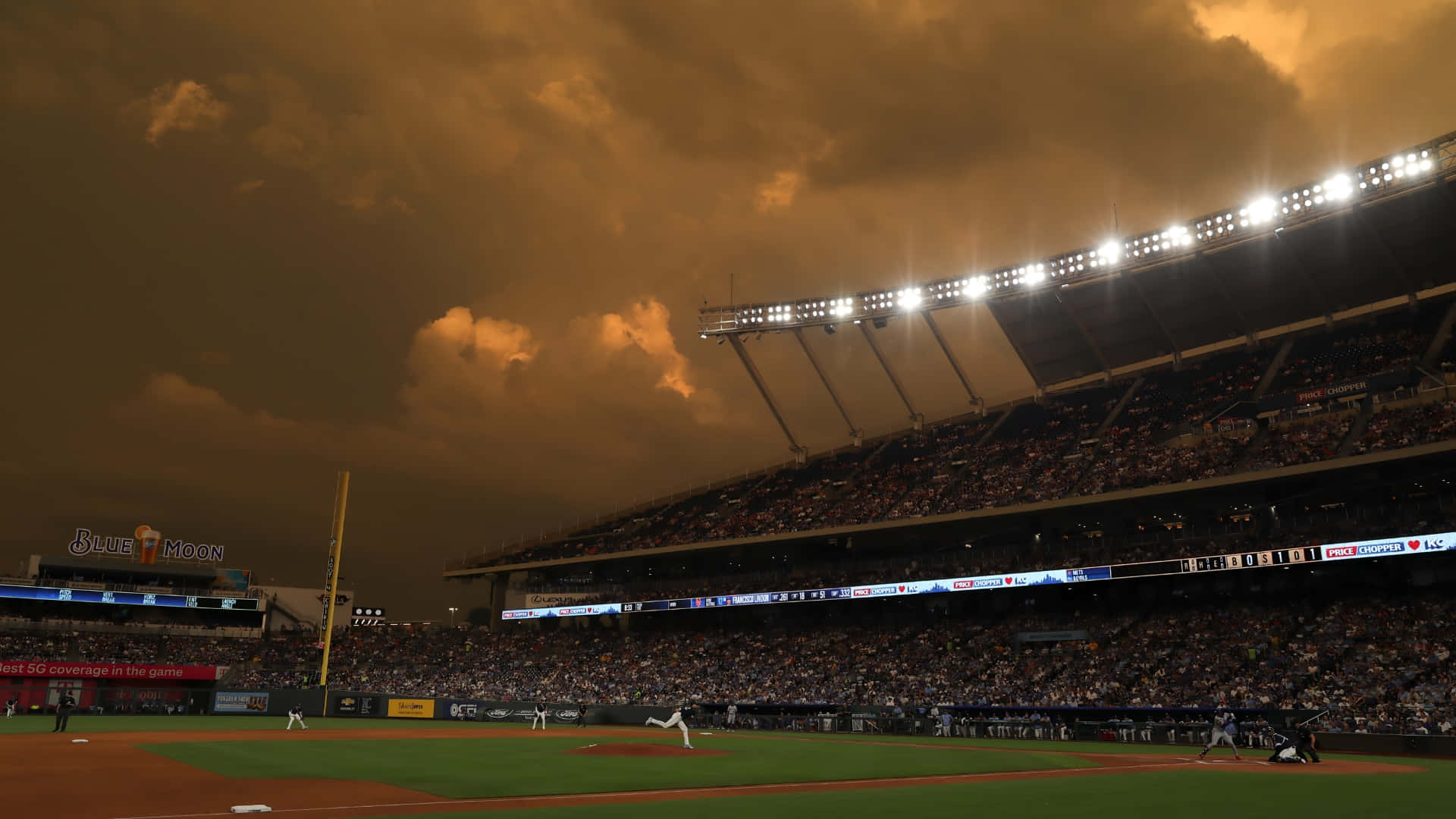 Kauffman Stadium, evening game, dramatic orange clouds, Full HD Desktop Wallpaper