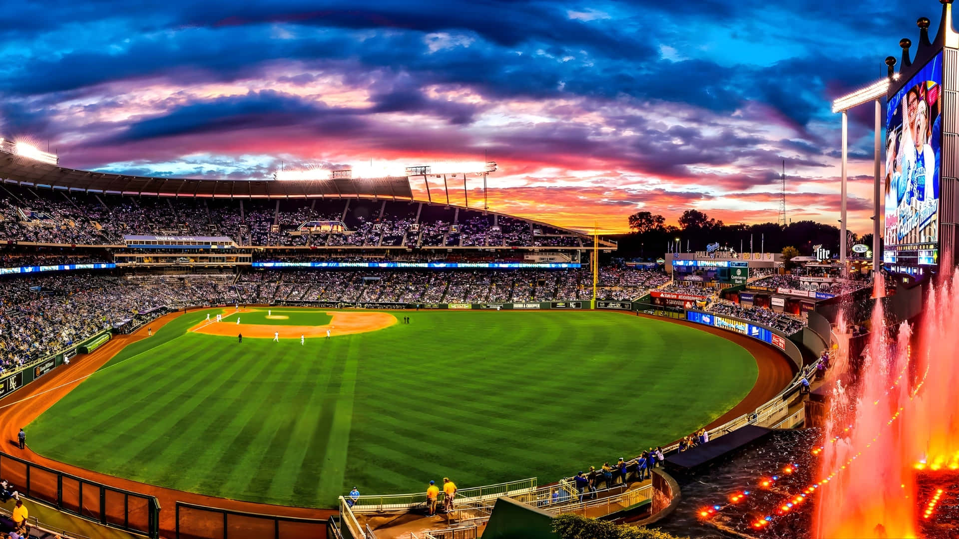 Kauffman Stadium, sunset, vibrant orange and purple clouds, Full HD Desktop Wallpaper
