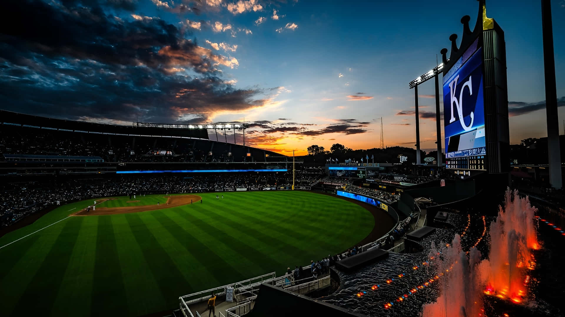 Kauffman Stadium, sunset view, vibrant green field, Full HD Desktop Wallpaper