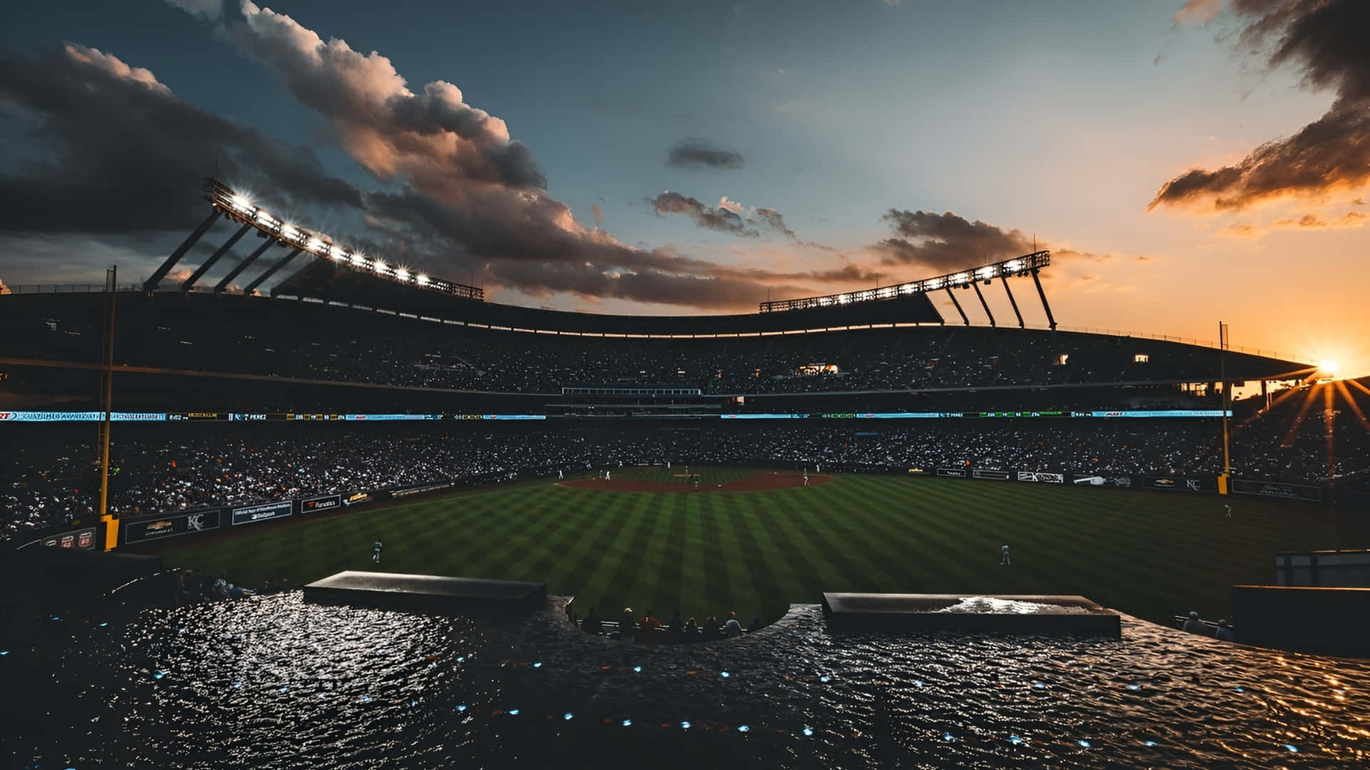 Kauffman Stadium, sunset, glowing floodlights, Full HD Desktop Wallpaper