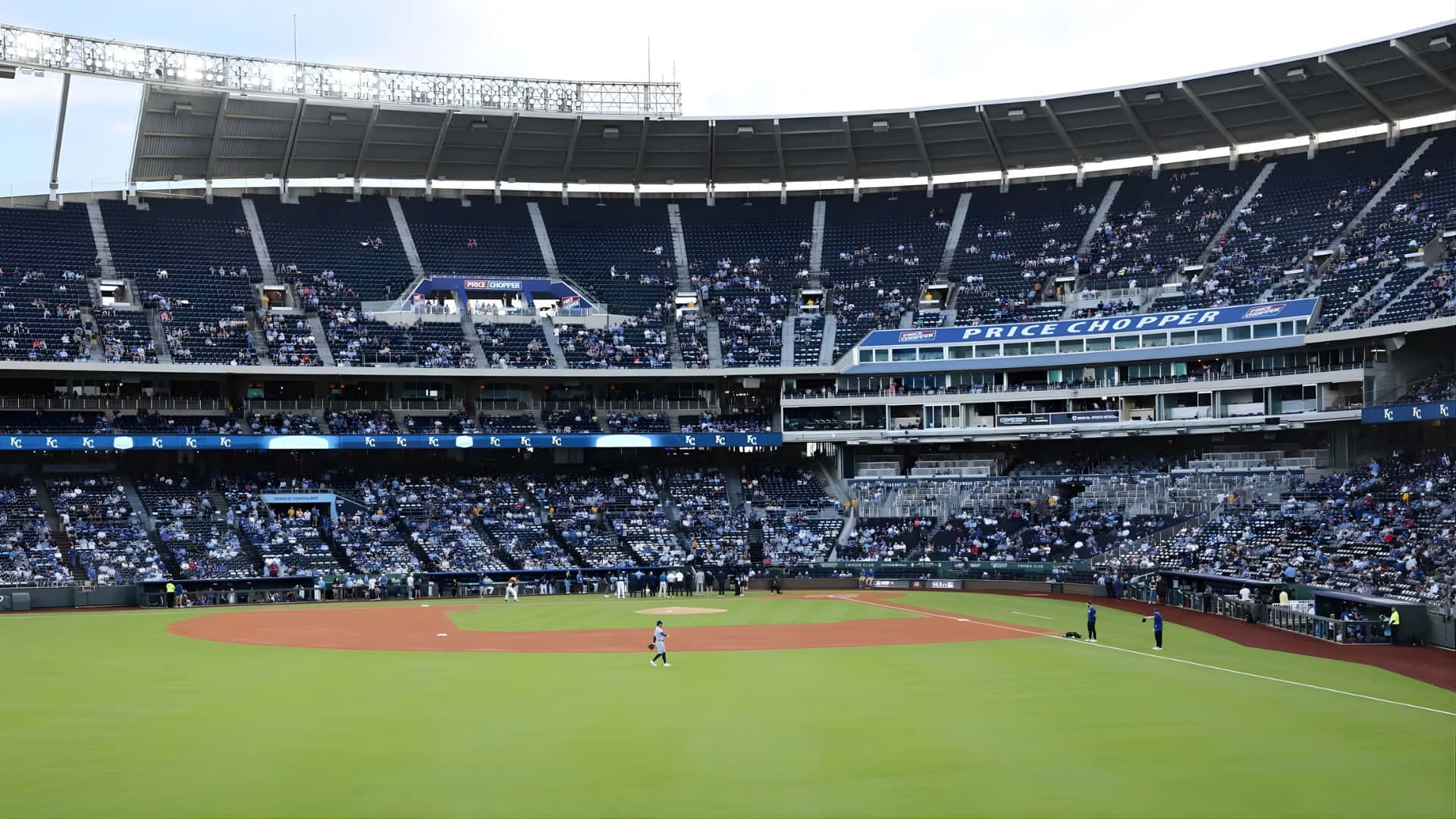 Kauffman Stadium, green grass, brown dirt, Full HD Desktop Wallpaper