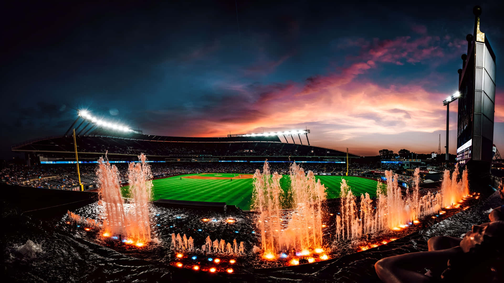 Kauffman Stadium, night view, illuminated fountains, Full HD Desktop Wallpaper
