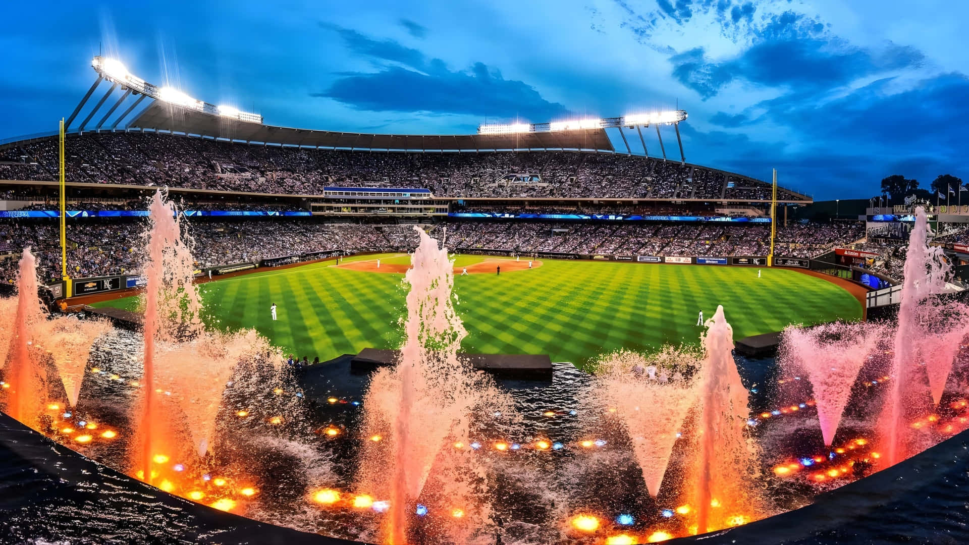 Kauffman Stadium, night view, dusk, Full HD Desktop Wallpaper