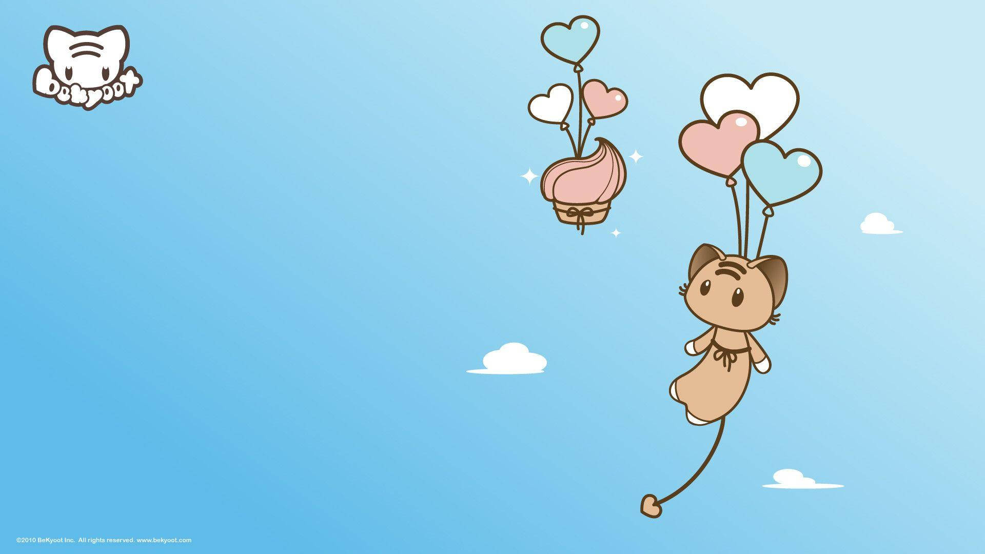 kawaii aesthetic, cartoon cat, heart-shaped balloons, Full HD Desktop Wallpaper