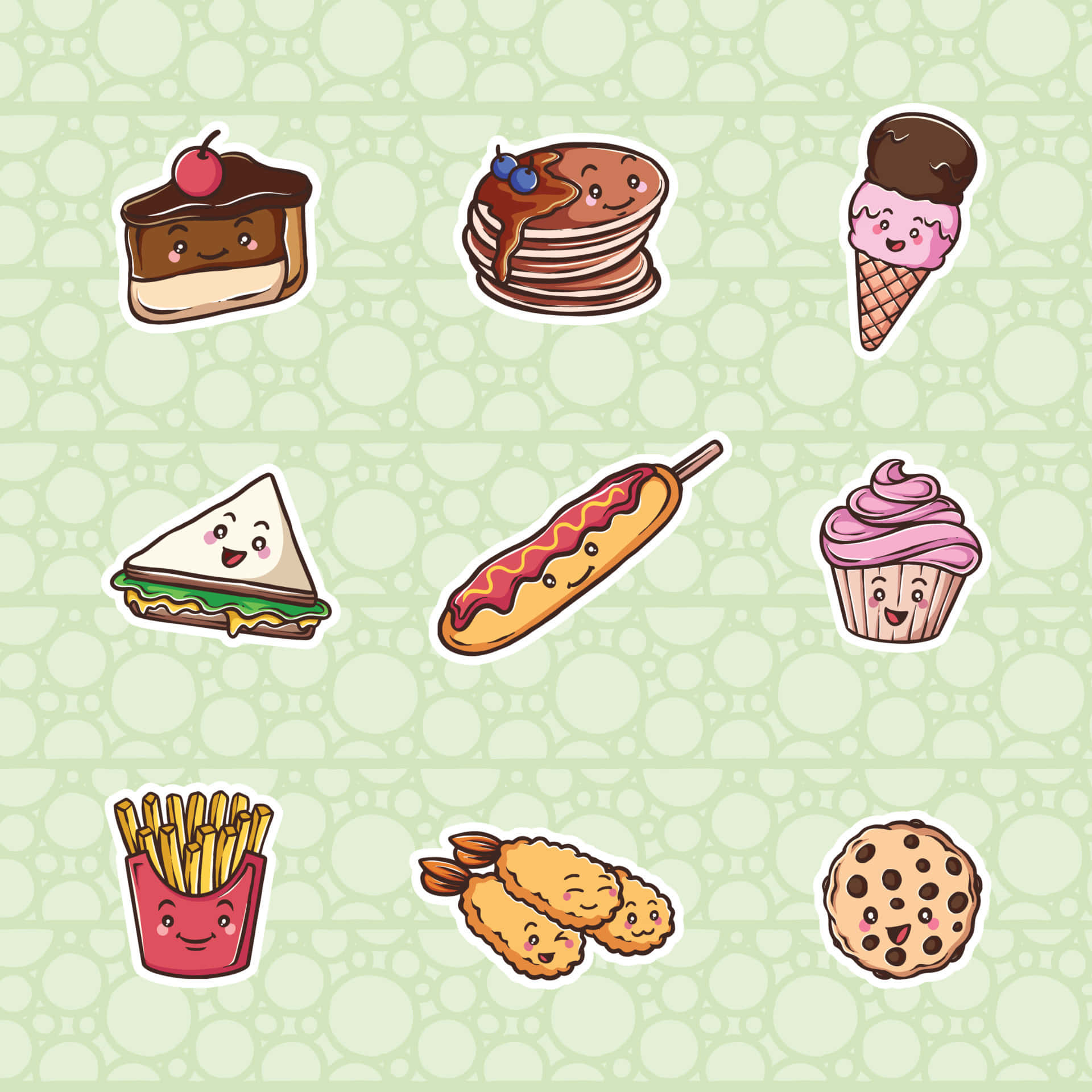 kawaii aesthetic, light green bubble pattern, cake pancakes, Full HD Desktop Wallpaper