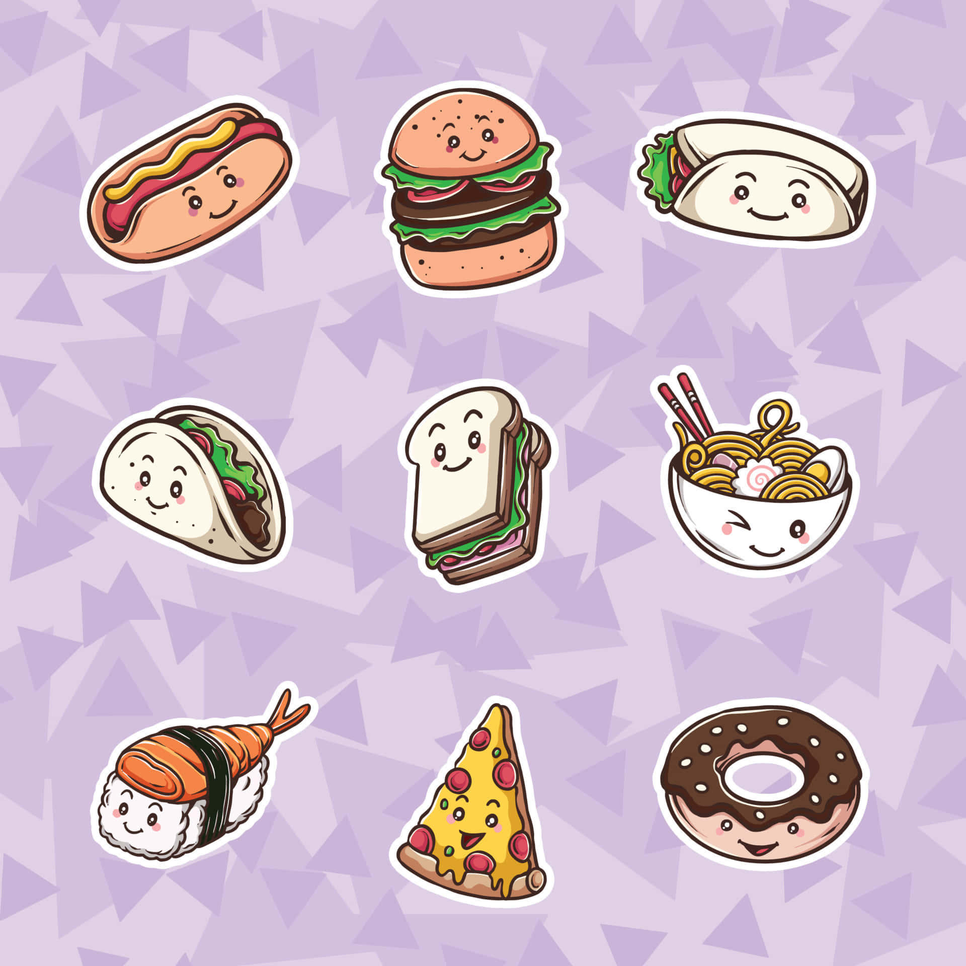 kawaii aesthetic, food cartoon characters, nine cute cartoon food stickers, Full HD Desktop Wallpaper
