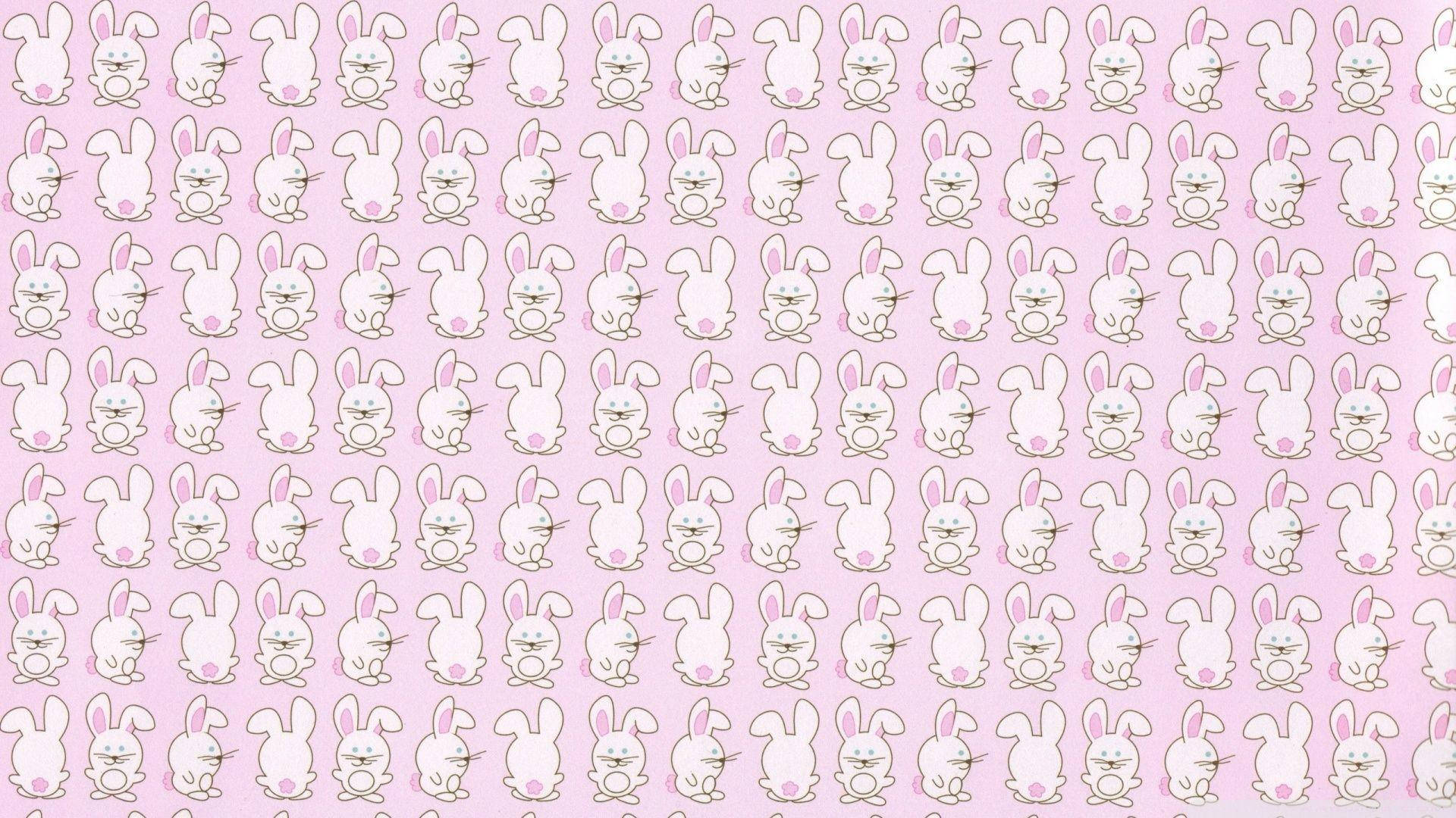 Funky Kawaii Styled Computer Setup, pastel tones, cute white cartoon bunnies, Full HD Desktop Wallpaper