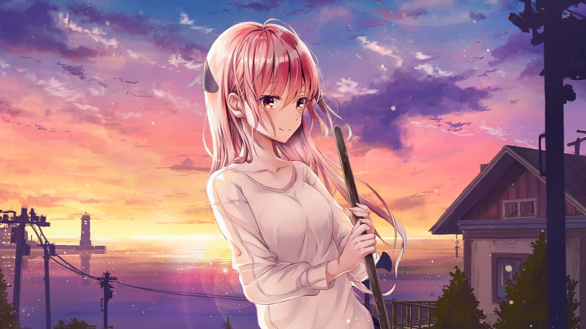 pink-haired anime girl, broom, vibrant sunset sky, Full HD Desktop Wallpaper