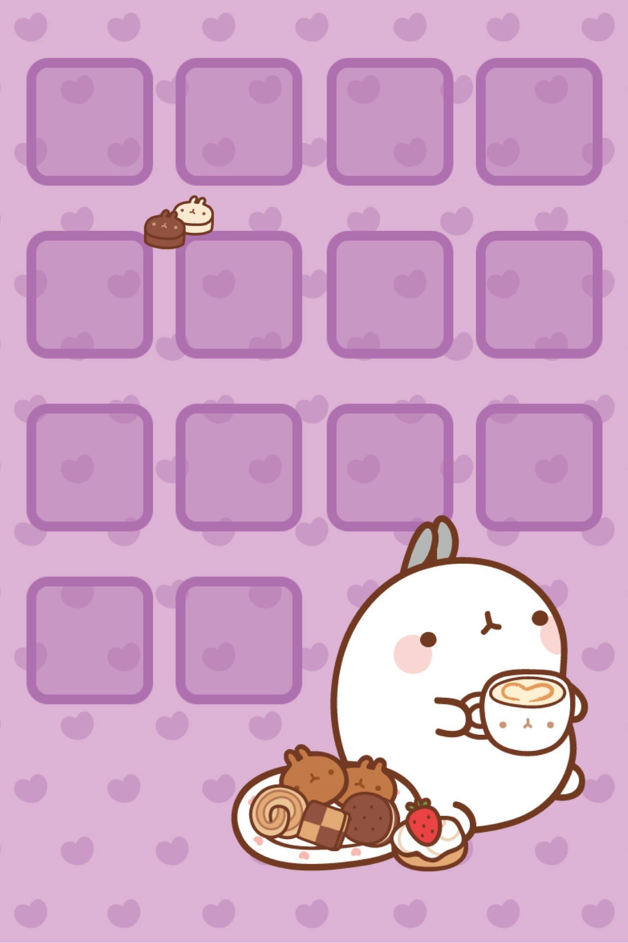white bunny character, purple heart-patterned wallpaper, grid placeholders, Full HD Phone Wallpaper