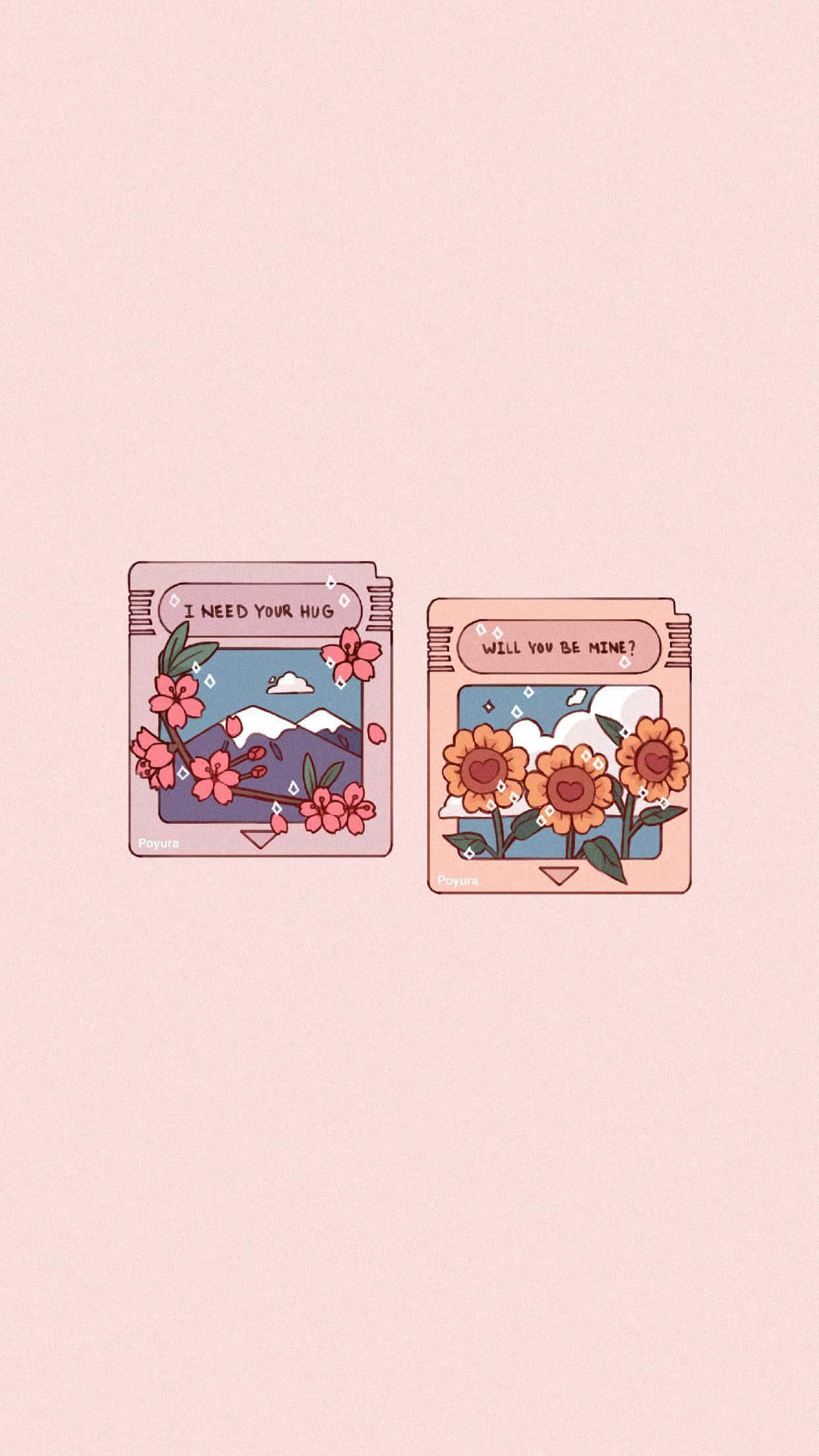 kawaii aesthetic, flower stickers, illustrated game cartridges, Full HD Phone Wallpaper